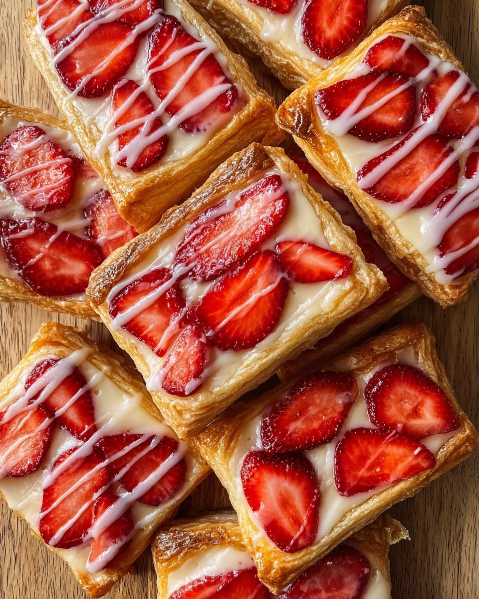 A pile of rectangular strawberry pastries is shown on a light brown wooden surface, each with three visible layers: a golden brown, flaky crust at the bottom, a creamy white filling in the middle, and bright red sliced strawberries on top covered with a shiny glaze. The pastries are drizzled with thin lines of white icing creating a contrast with the red strawberries, and the crust edges appear crispy and slightly toasted. photo taken with an iphone --ar 4:5 --v 7