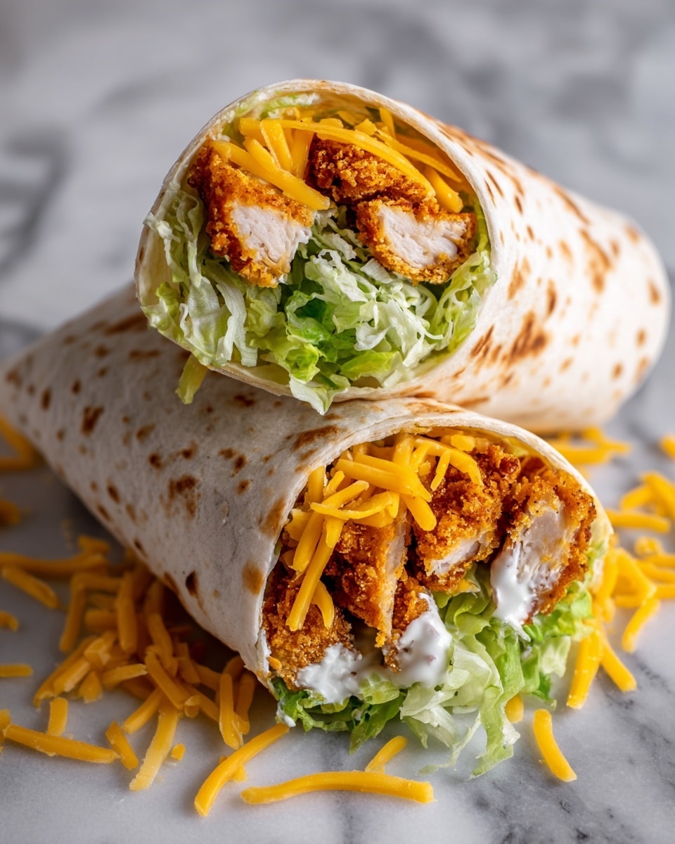 Two crispy chicken wraps are shown cut in half and placed close together. Each wrap has a soft white flour tortilla with light brown spots on the outside. Inside, there is a layer of shredded green lettuce at the bottom, topped by pieces of golden brown crispy fried chicken with a crunchy texture. Bright yellow shredded cheddar cheese is sprinkled over the chicken, and dollops of white sauce are spread among the layers. The wraps sit on a white marbled surface with some cheese strands scattered around. photo taken with an iphone --ar 4:5 --v 7