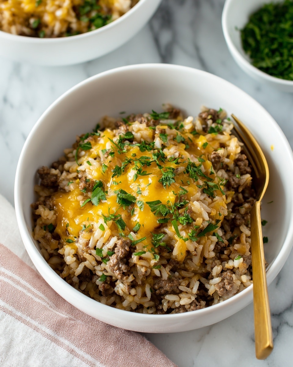 A white bowl filled with a mixed dish of cooked rice combined with small brown ground beef pieces, topped with melted yellow cheese and sprinkled with chopped green herbs, all resting on a white marbled surface; part of a gold fork is visible near the bowl's edge, and a second white bowl with more green herbs sits in the background, slightly out of focus, photo taken with an iphone --ar 4:5 --v 7