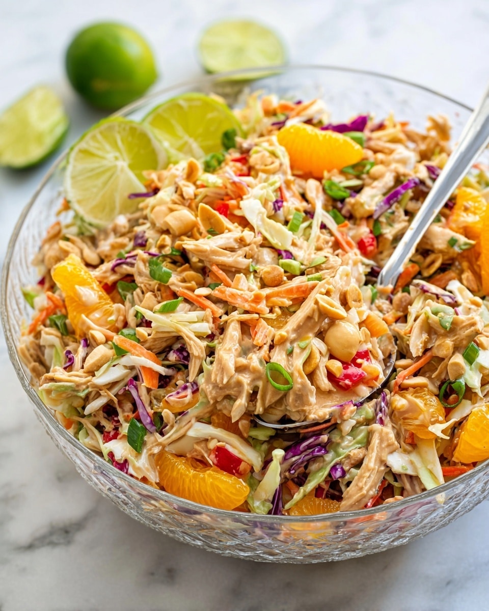 A clear textured glass bowl filled with a vibrant shredded chicken salad, showing multiple layers of ingredients mixed together: light brown shredded chicken pieces, thin strips of white and purple cabbage, small carrot sticks, diced red bell peppers, and chunks of bright orange mandarin slices scattered throughout. The salad is topped with a creamy brown peanut dressing and sprinkled with crunchy nuts and chopped green onions. Behind the bowl, two lime wedges sit on the edge as garnish. A metal spoon rests inside the bowl, ready to serve, all placed on a white marbled surface. Photo taken with an iphone --ar 4:5 --v 7