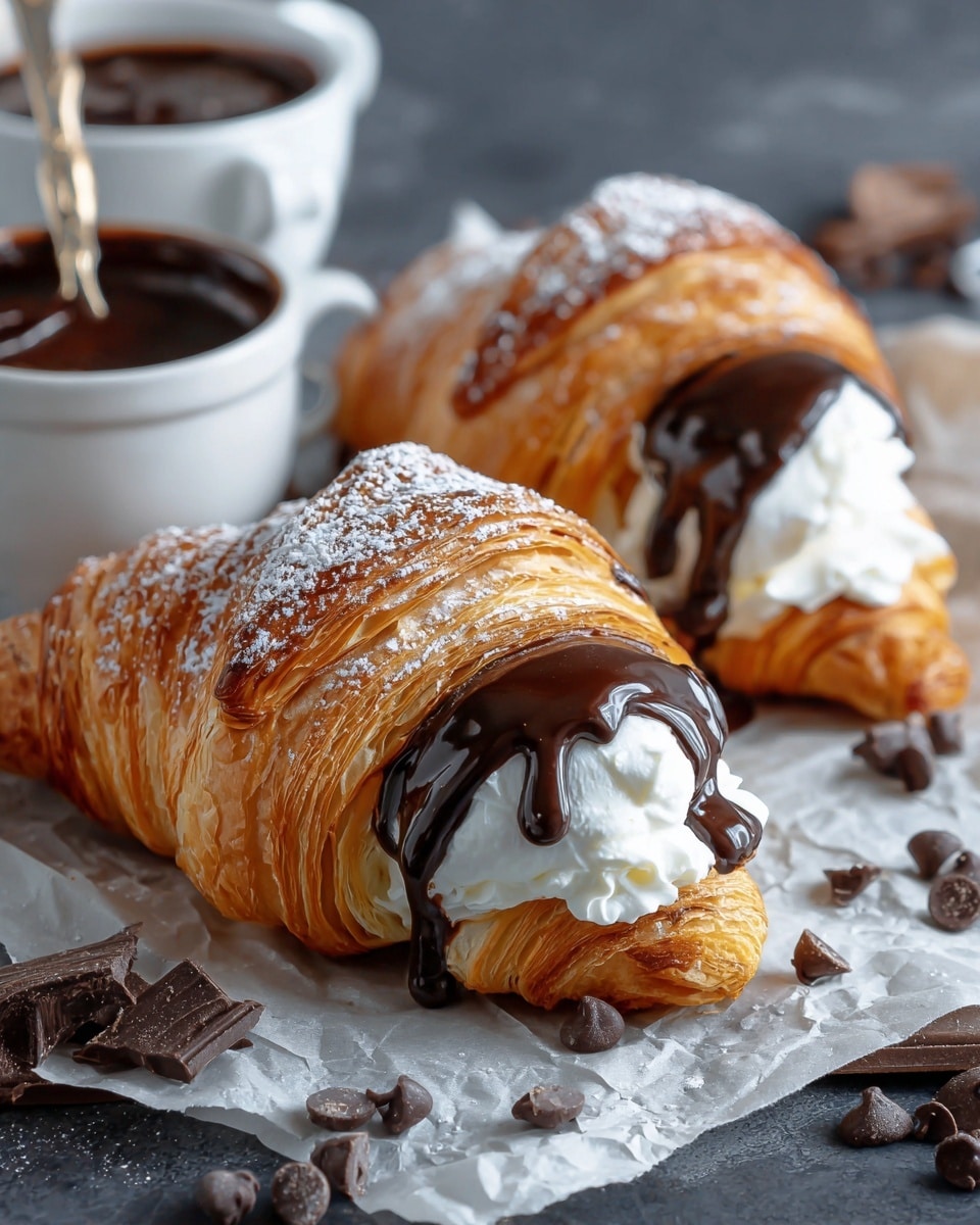Two golden brown croissants sit on a piece of parchment paper over a dark surface, each filled with a thick layer of white whipped cream and topped with smooth, shiny dark chocolate sauce that drips slightly down the front. The croissants display many flaky layers with a dusting of white powdered sugar on top. Around the croissants are scattered dark chocolate chips, and in the background, a white cup filled with dark chocolate sauce and a spoon can be seen. The scene is set against a white marbled textured surface. photo taken with an iphone --ar 4:5 --v 7