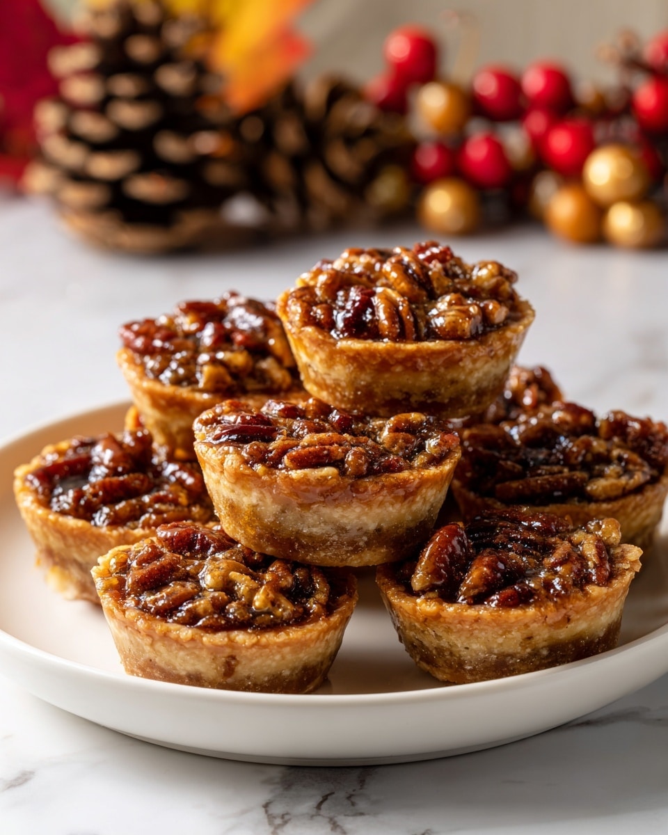 A stack of small, round pecan tarts is arranged closely on a white plate, each tart showing two clear layers: a light golden brown, crumbly base, and a top layer covered with chopped pecans in glossy caramel, creating a rich brown color with some shiny caramel highlights. The tarts appear soft but firm, with visible nut pieces adding texture. In the background, there are blurred autumn decorations, including pine cones and colorful berries, placed on a white marbled surface. The scene has warm lighting highlighting the glistening caramel and nuts. photo taken with an iphone --ar 4:5 --v 7