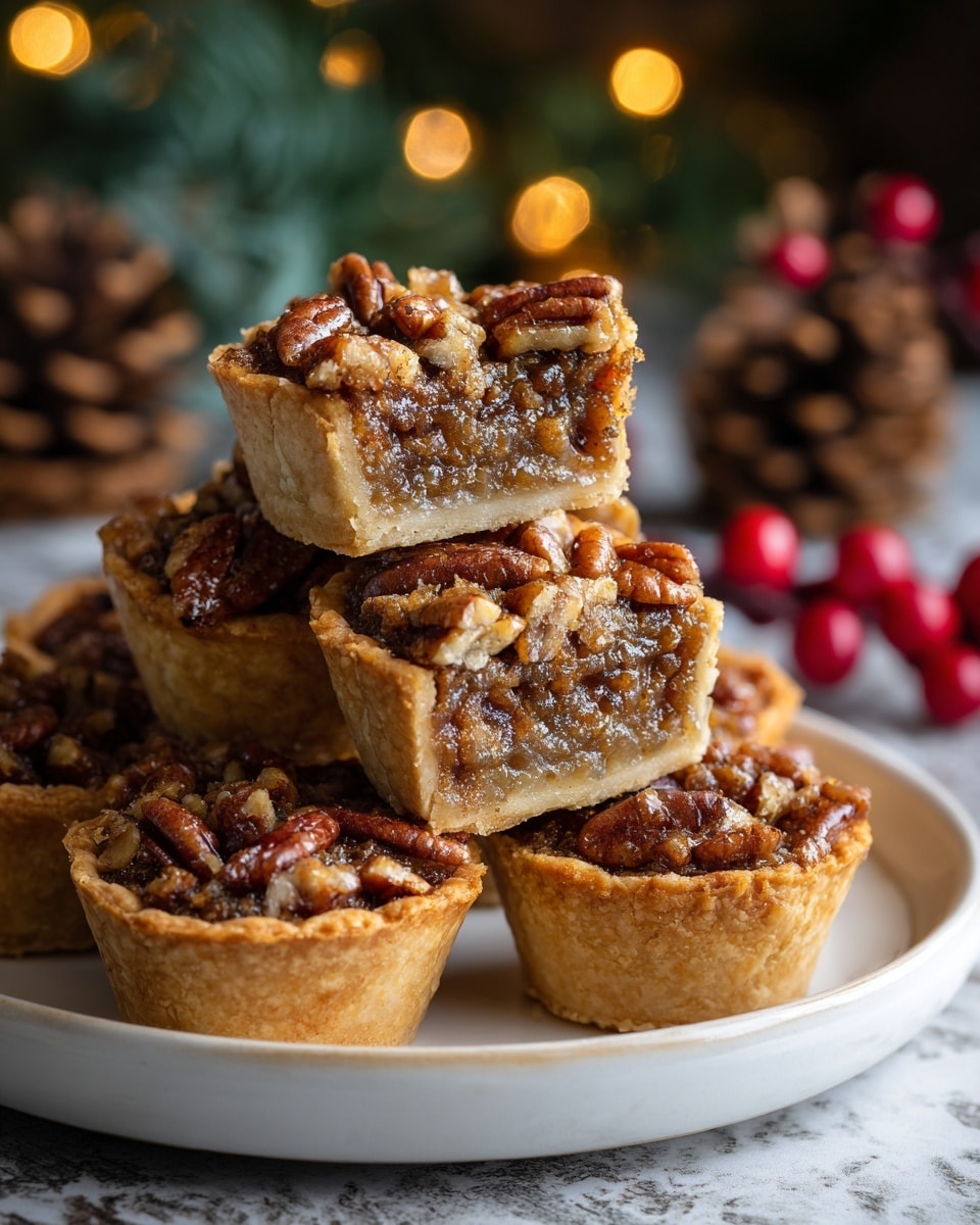 The image shows a stack of small round pecan pies arranged on a white plate, each pie having two visible layers: a golden-brown crust at the bottom and a rich, glossy pecan topping made of chopped nuts in a sticky caramel-like glaze, with one square piece placed on top showing a clear view of the layers. The white marbled background is decorated with blurred pinecones and colorful berries, creating a cozy, festive feel. Photo taken with an iphone --ar 4:5 --v 7