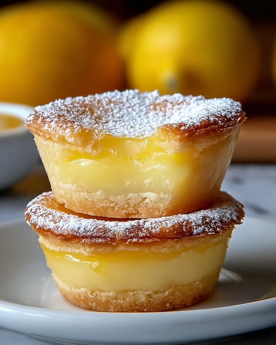 Two small lemon tarts are stacked on a white plate on a white marbled surface. Each tart has three layers: a thin, golden brown crust at the bottom; a thick, pale yellow, smooth lemon filling in the middle; and a slightly browned, flaky top crust sprinkled with powdered sugar. In the background, there are whole lemons blurred out, creating a warm yellow tone. The lighting highlights the shiny, soft texture of the lemon filling. photo taken with an iphone --ar 4:5 --v 7