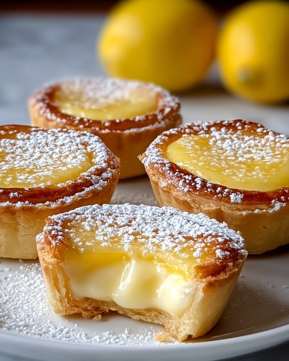 The image shows five small lemon tarts on a white plate with a white marbled background. Each tart has a golden-brown crust on the bottom and sides, filled with a smooth, creamy, pale yellow lemon curd that looks soft and glossy. The top of each tart is covered with a shiny, slightly browned layer, dusted with a light layer of powdered sugar. One tart in the front has a bite taken out, revealing the thick, custard-like filling inside. In the background, there are two whole yellow lemons slightly out of focus. Photo taken with an iphone --ar 4:5 --v 7