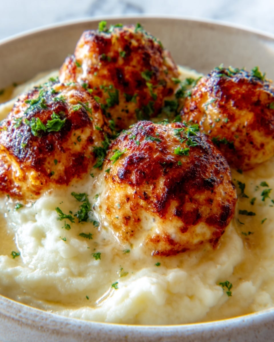 The image shows a close-up view of a dish with four golden-brown, crispy chicken meatballs sitting on a bed of creamy mashed potatoes. The meatballs have a slightly rough texture with reddish-brown spots from the cooking, topped with small green parsley pieces. The mashed potatoes are smooth and white, spread evenly beneath the meatballs, with visible soft peaks and swirls. The background and the surface under the food have a white marbled texture. Photo taken with an iphone --ar 4:5 --v 7
