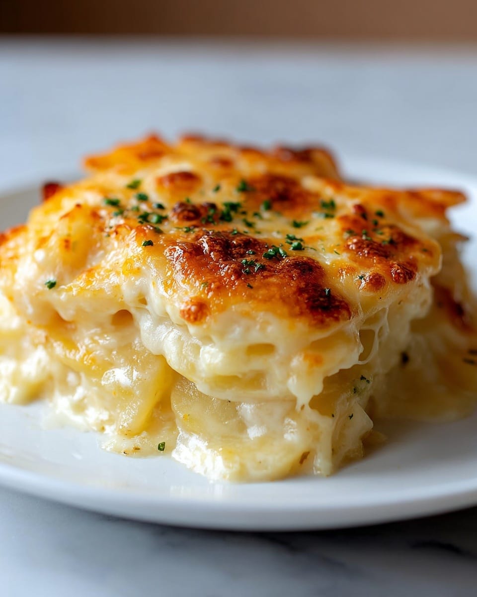 A white plate holds a thick, creamy serving of potato gratin made with multiple layers. The bottom layer shows soft, light yellow potatoes covered in a rich, smooth sauce. Above that, several golden-brown cheese layers melt together, forming a bubbly crust with slightly browned, crispy spots and small green herb bits sprinkled on top. The overall texture looks gooey and smooth with a few browned edges. The plate sits on a white marbled surface. photo taken with an iphone --ar 4:5 --v 7