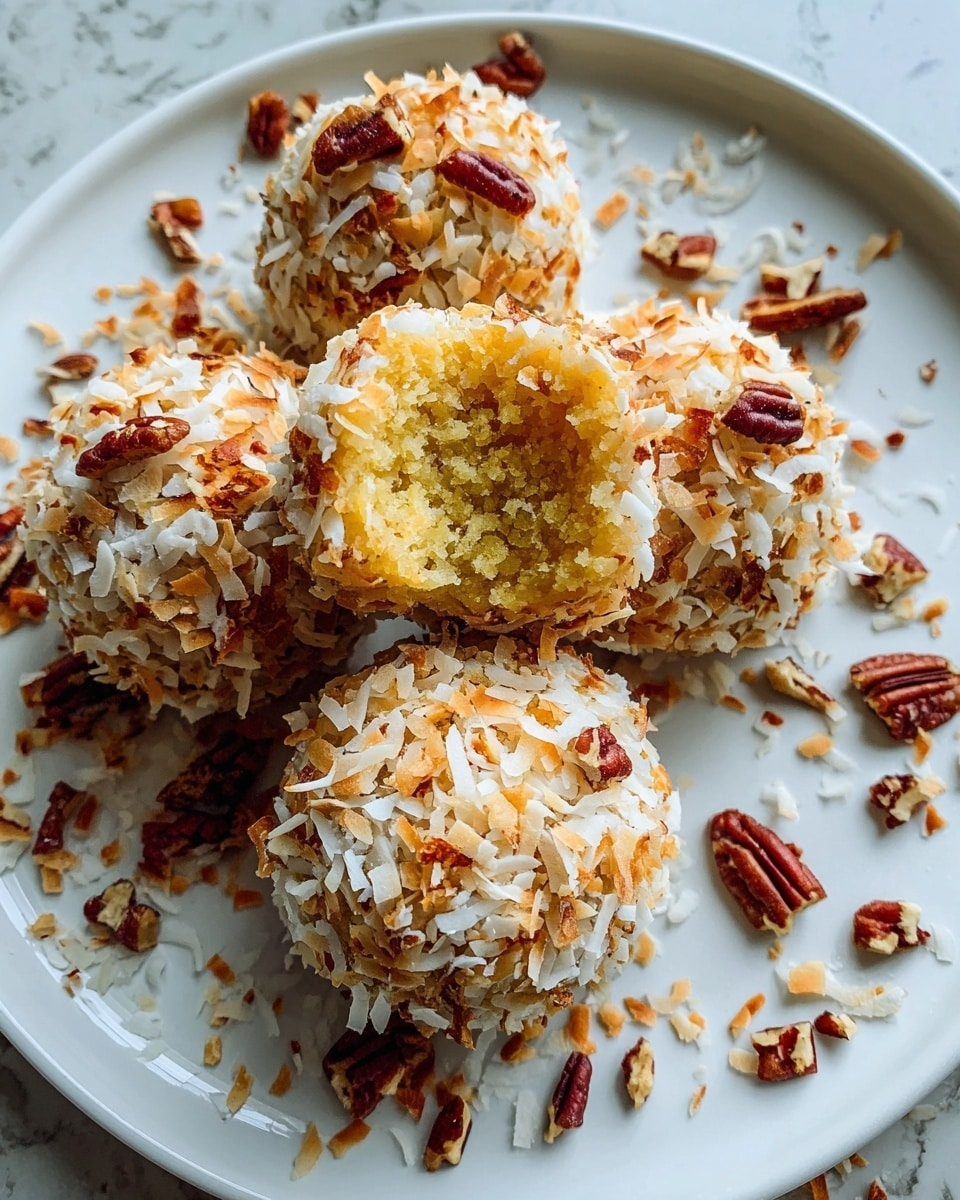 The image shows a white plate holding four round treats covered in toasted coconut flakes and small pieces of pecans. One treat is cut in half, revealing a dense, moist yellow interior that contrasts with the rough and textured outer layer of coconut and nuts. Pieces of toasted coconut and pecans are scattered around the plate, adding a natural and rustic look. The plate rests on a white marbled surface with soft natural light coming from the side, emphasizing the colors and textures. photo taken with an iphone --ar 4:5 --v 7