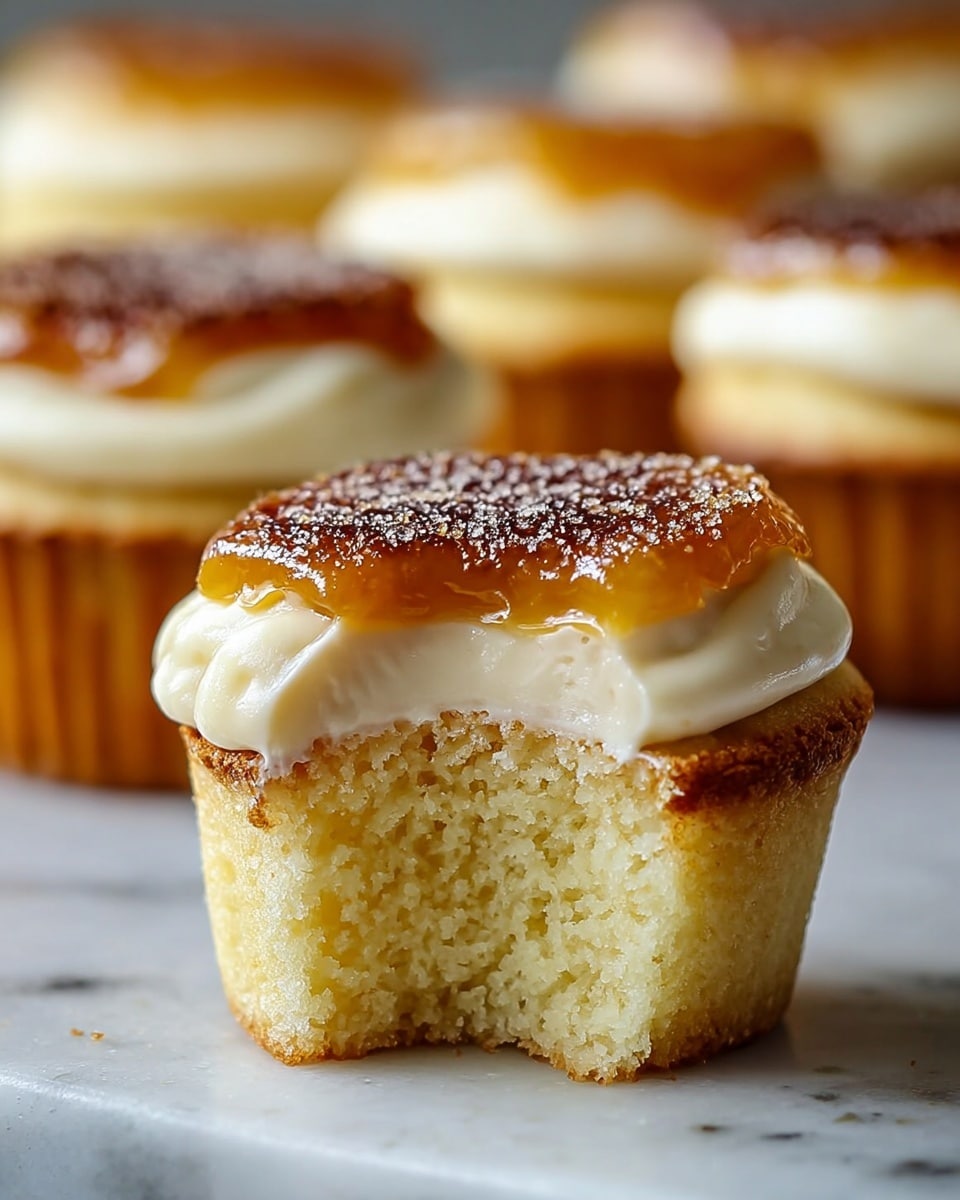 A close-up of a cupcake with three clear layers is shown on a white marbled surface. The bottom layer is a light yellow, fluffy cake with a moist texture. The middle layer is a smooth, creamy, off-white frosting that is thick and evenly spread. The top layer is a shiny, caramelized golden-brown sugar crust that appears crisp and slightly glossy. In the background, several more cupcakes with the same layers are out of focus. Photo taken with an iphone --ar 4:5 --v 7