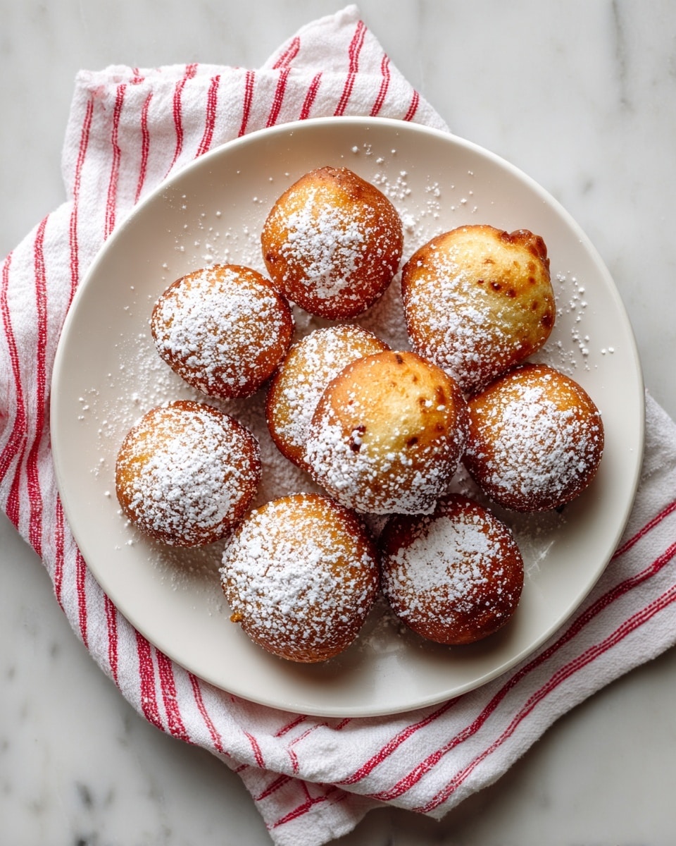 A white plate set on a white marbled surface holds nine small, round fried pastries arranged in a loose circle. Each pastry is a golden-brown color with a slightly rough texture and is dusted generously with fine white powdered sugar, giving a soft snowy appearance on top. The pastries have small darker spots showing hints of filling inside, and their edges are uneven with tiny bits of fried batter protruding slightly. A red and white striped towel is partially visible under the plate, adding a cozy contrast to the scene. The photo taken with an iphone --ar 4:5 --v 7