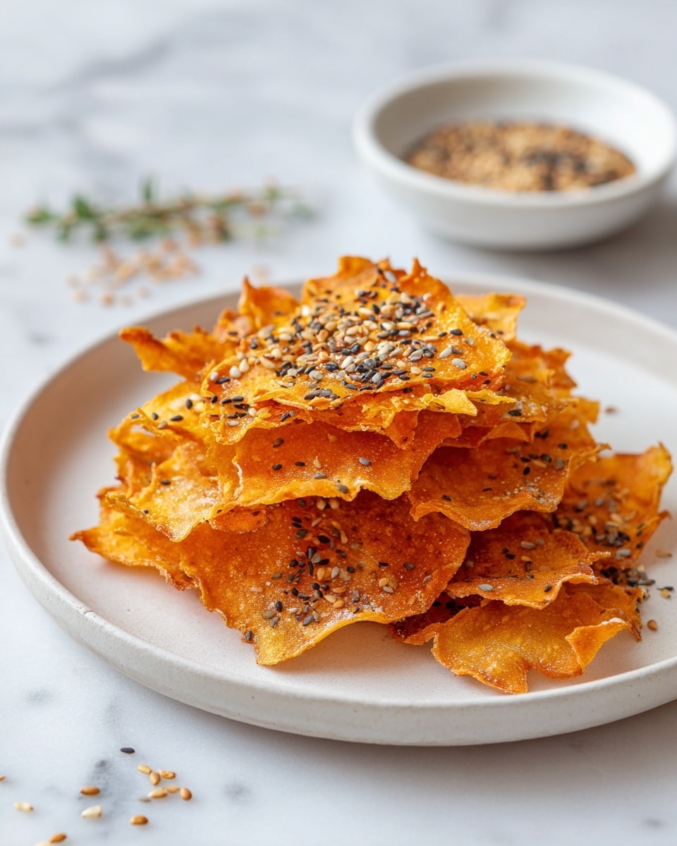 The image shows a pile of crispy, thin golden-orange chips with some parts nearly transparent, placed on a simple white plate. Each chip is sprinkled with mixed seeds in light brown and black colors, adding texture and a bit of pattern on their shiny surface. The chips are layered unevenly, some stacked over others, creating a sense of lightness and crunch. There is a small white bowl in the background holding more mixed seeds, with some seeds scattered around the plate. The whole scene is set on a white marbled surface, giving a clean and bright feel to the image. Photo taken with an iphone --ar 4:5 --v 7