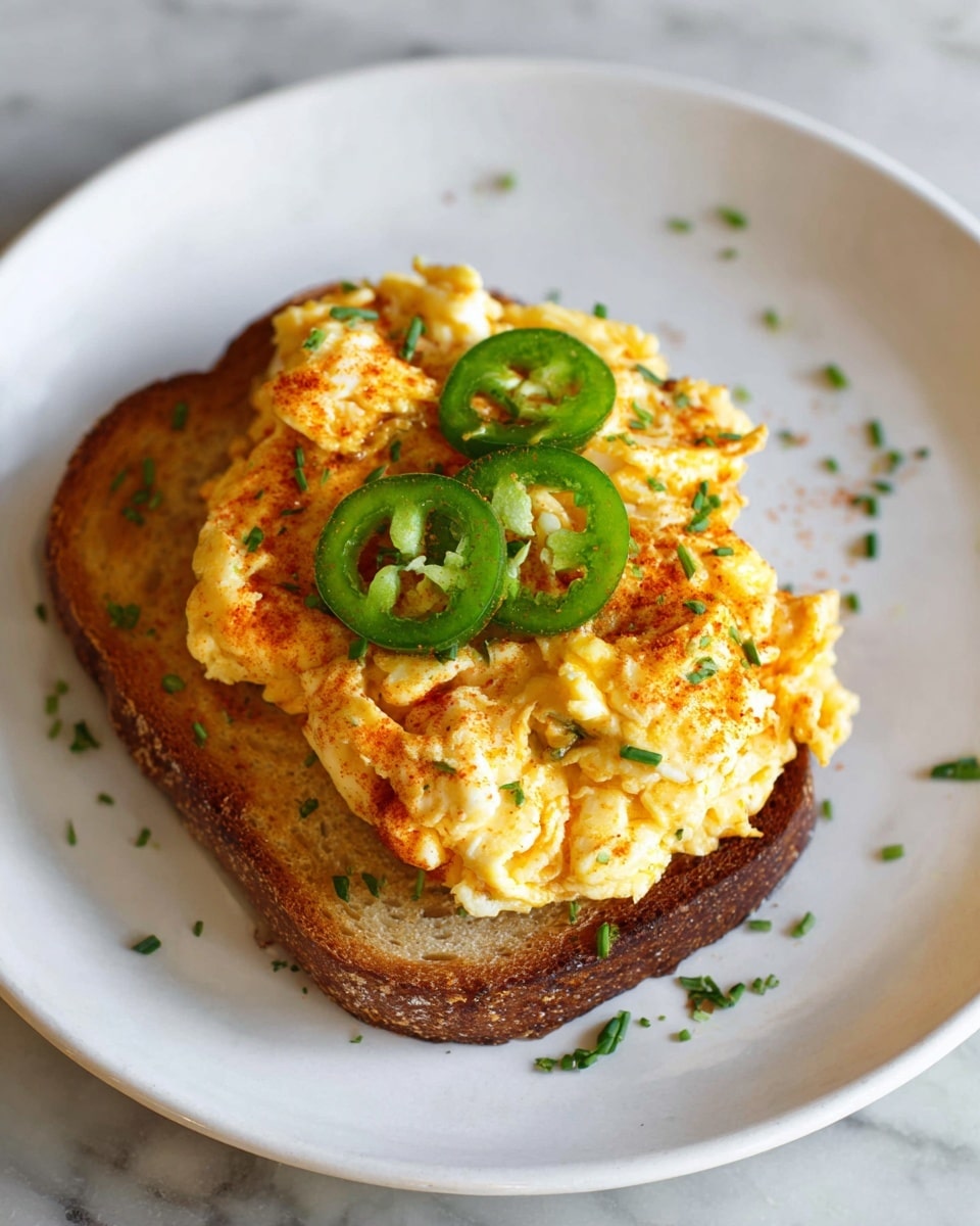 The image shows a white plate with a single slice of toasted bread at the bottom, light brown in color with a slightly crispy texture. On top of the bread, there is a thick layer of scrambled eggs, fluffy and golden yellow with some browned, crispy edges. Three thin slices of green jalapeño are placed on the eggs, adding a fresh bright green color. Small green herbs are sprinkled lightly over the plate around the toast, giving a touch of freshness. The surface beneath the plate is a white marbled texture. Photo taken with an iphone --ar 4:5 --v 7