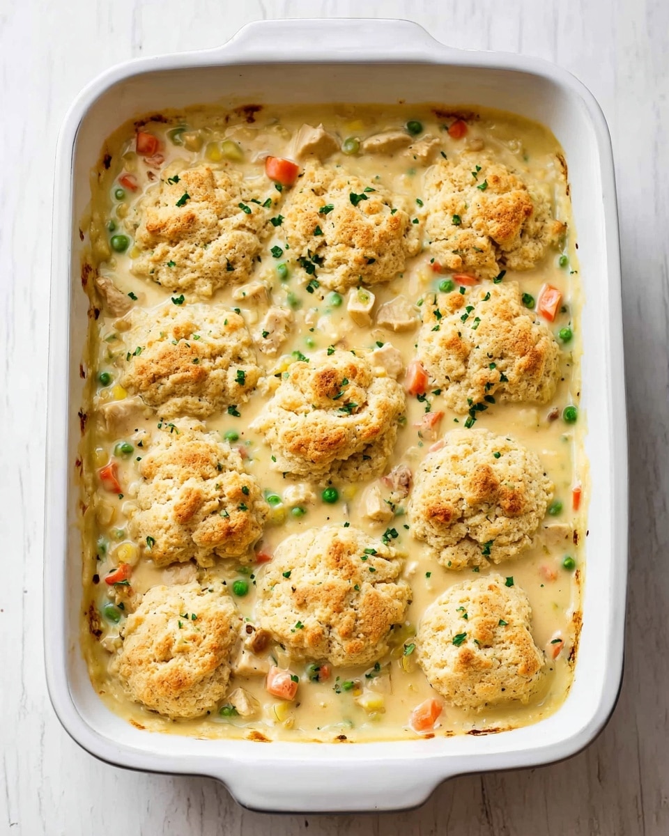 A creamy casserole in a white rectangular baking dish with golden brown biscuit pieces scattered on top, partially submerged in a thick sauce. The sauce is pale yellow and filled with small, colorful vegetable pieces like orange carrots and green peas, along with chunks of chicken. The biscuit tops are slightly browned with a rough, crumbly texture, and there are small green herb bits sprinkled across the dish. The dish rests on a white marbled surface. photo taken with an iphone --ar 4:5 --v 7