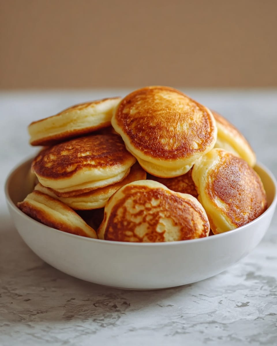 A white bowl filled with small, thick pancakes, each pancake showing a golden-brown top with a slightly crispy texture and soft, light yellow sides. The pancakes are stacked closely together, filling the bowl full. The bowl sits on a white marbled surface, with a soft, neutral background in warm tones that makes the pancakes stand out. photo taken with an iphone --ar 4:5 --v 7