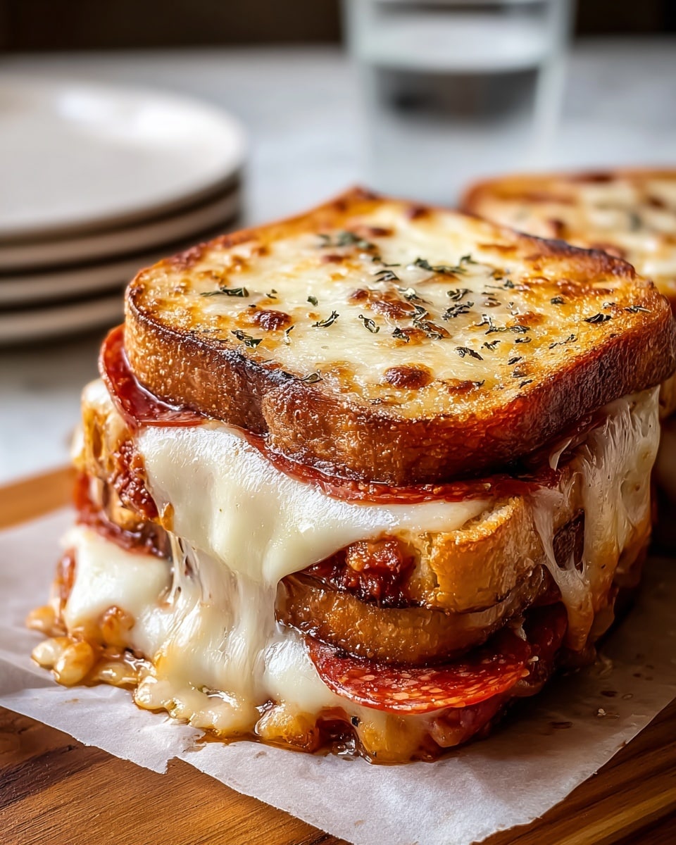 The image shows a close-up of a thick, square-shaped sandwich made of two layers of toasted bread that is golden brown with a crispy texture. Between the bread slices, there is a thick layer of melted, stretchy white cheese oozing out, along with visible dark red pepperoni slices. The top layer of bread is covered with a bubbly, browned melted cheese that has some herbs sprinkled on top, adding a touch of green and black specks. The sandwich sits on a light paper resting on a wood surface, with a stack of white plates and a glass of water blurred in the background on a white marbled texture. photo taken with an iphone --ar 4:5 --v 7