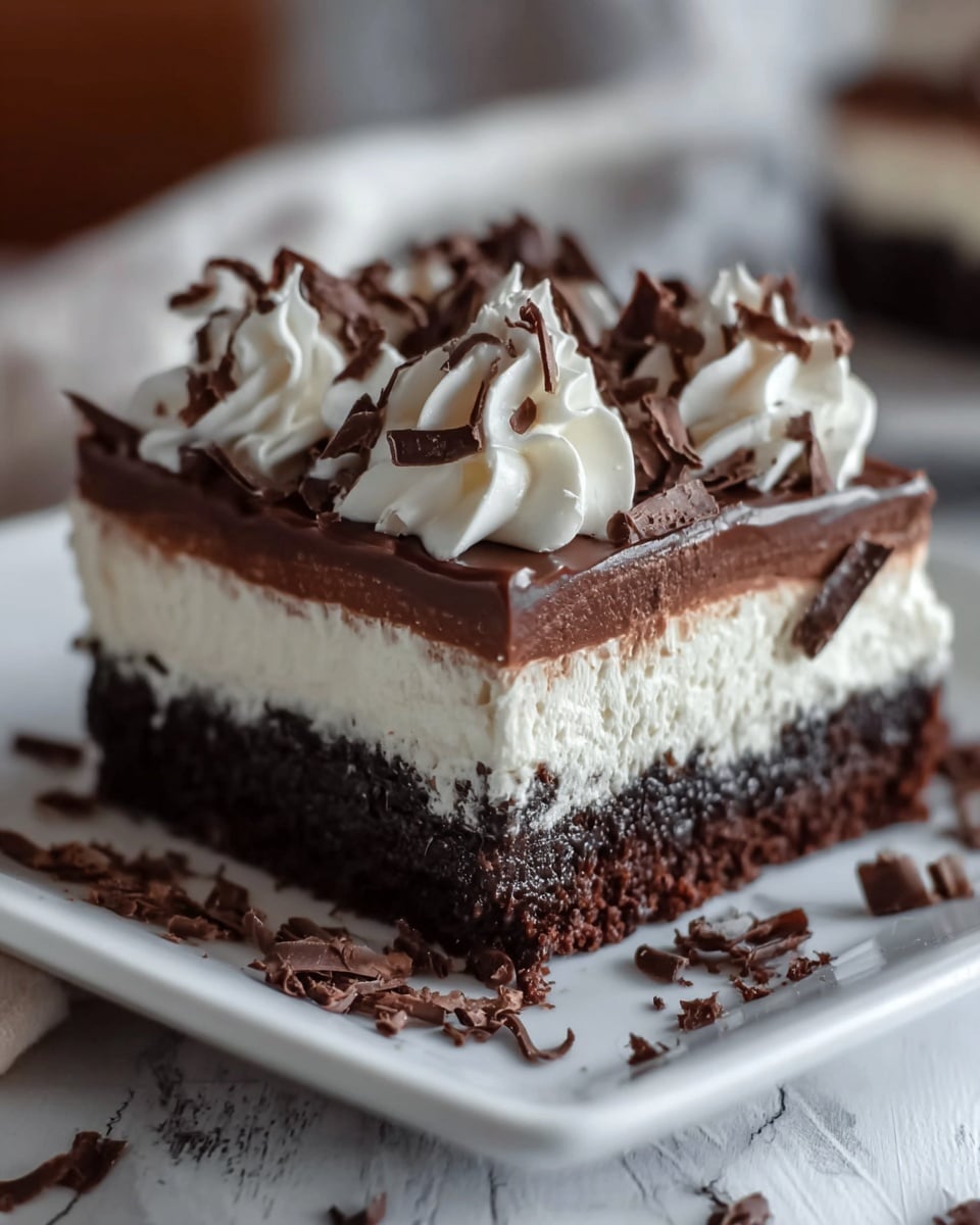 A square piece of layered dessert on a white plate, placed on a white marbled surface; the bottom layer is dark brown and crumbly, looking like a dense chocolate cake, above it is a thick white cream layer, followed by a smooth, glossy dark chocolate layer; on top, there are swirls of white whipped cream decorated with dark chocolate shavings, with more chocolate shavings scattered around the plate and surface. photo taken with an iphone --ar 4:5 --v 7