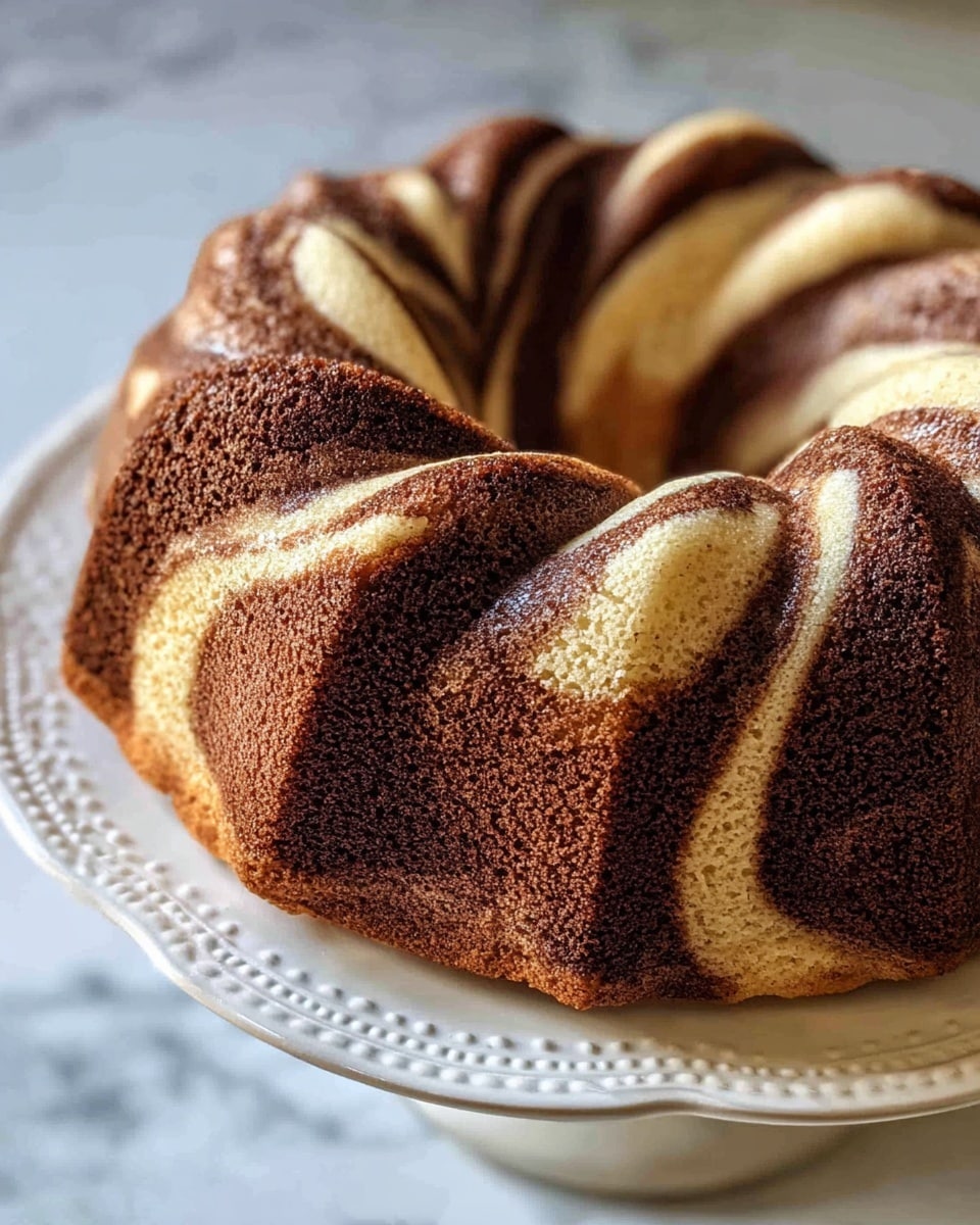 The image shows a swirled bundt cake with two main layers, one dark brown chocolate layer at the bottom and a light cream-colored vanilla layer on top. The layers twist together in a spiral pattern that follows the curved ridges of the bundt shape, creating a wavy, textured surface. The cake has a soft, moist texture with some bubbling on the lighter parts and a slightly glossy finish on the darker chocolate areas. It sits on a white plate with decorative edges, placed on a white marbled surface. photo taken with an iphone --ar 4:5 --v 7