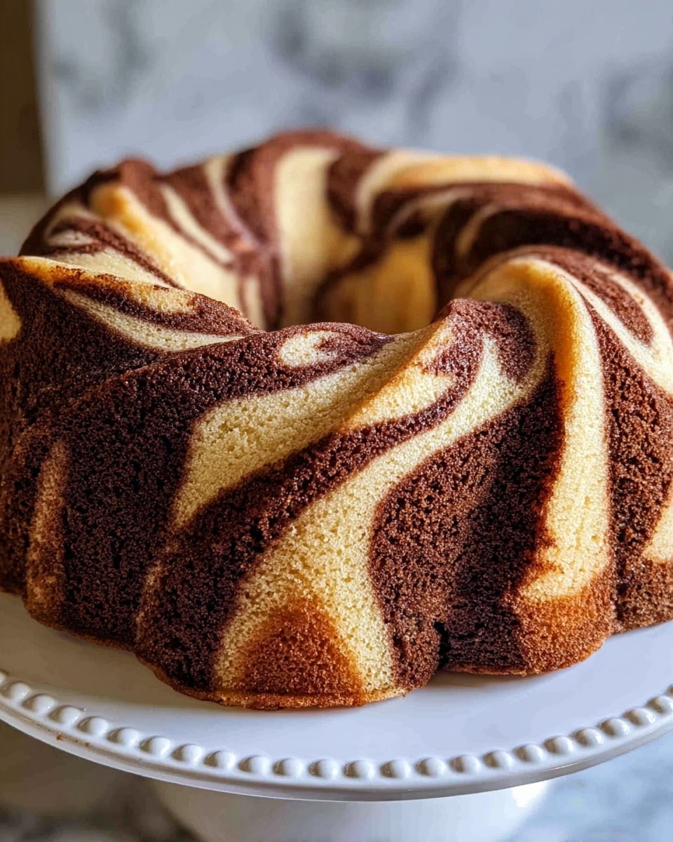 A bundt cake with two main layers swirled together in a spiral pattern, one layer is light beige and smooth, while the other is a rich dark brown with a slightly textured surface. The swirls form thick ribbons wrapping around the entire cake, creating a wave-like effect on the top edges and sides. The cake rests on a white plate with a raised, decorative edge, positioned against a white marbled surface in the background. The overall look is moist and soft with a slight shine on the lighter parts. photo taken with an iphone --ar 4:5 --v 7
