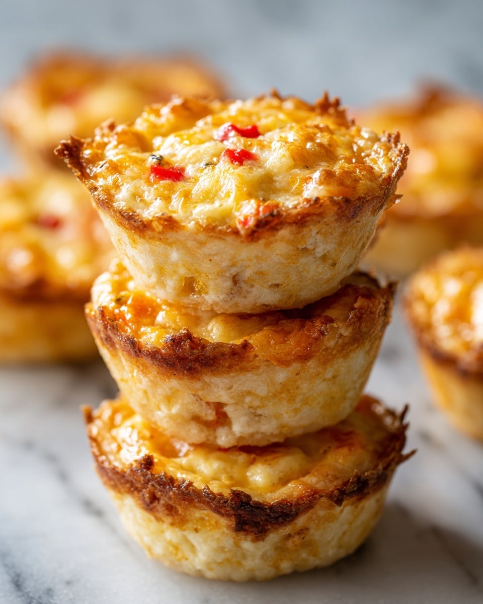 Three small baked mini quiches are stacked on top of each other, each showing a golden-brown, crispy crust on the outside. The top layer is melted cheese mixed with small pieces of red pepper, giving a slightly textured, bubbly surface with white and yellow colors. The middle and bottom layers are similar, with the crust looking flaky and crunchy, slightly darker and browned at the edges. The background shows more mini quiches out of focus on a white marbled texture. photo taken with an iphone --ar 4:5 --v 7
