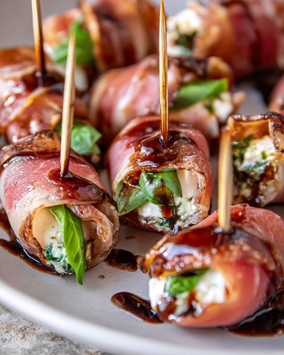 The image shows several small rolls made of thin slices of pink prosciutto wrapped around a creamy white cheese mixed with green herbs and fresh green basil leaves. Each roll is pierced with a bamboo skewer and has a glossy dark brown balsamic glaze drizzled over and around them. The rolls are arranged closely together on a white plate, placed on a white marbled surface. The texture of the prosciutto appears smooth and slightly moist, while the cheese looks soft and rich, contrasting with the vibrant green basil inside. photo taken with an iphone --ar 4:5 --v 7