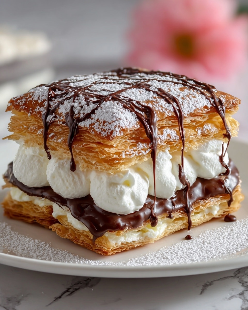A square layered dessert with three main layers of golden-brown, flaky puff pastry, each showing delicate, crisp, and thin textures. The bottom and top pastry layers have a light sprinkling of white powdered sugar, while the top has dark brown chocolate drizzles across it. Between the pastry layers are two creamy layers: the lower one consists of smooth white dollops, and above it is a thick, glossy dark chocolate layer that slightly drips down the sides. The top creamy layer is white and softly whipped, sitting right below the top pastry. The dessert rests on a white plate on a white marbled surface, with a soft focus pink flower blurred in the background. photo taken with an iphone --ar 4:5 --v 7