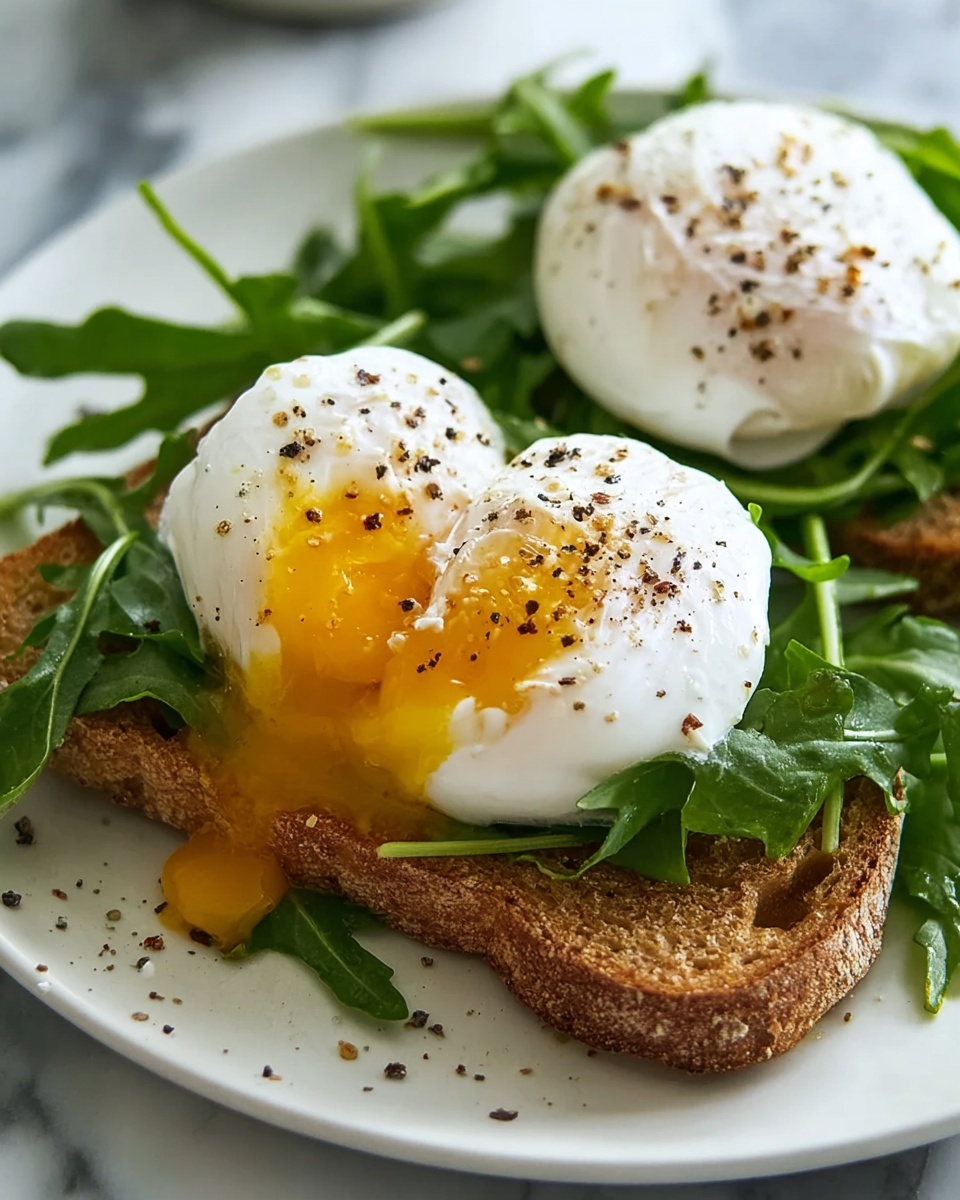 A close-up view of two poached eggs with soft, white, slightly bumpy tops and bright yellow, runny yolks spilling slightly, each sprinkled with coarse black pepper, sitting on a bed of fresh dark green arugula leaves arranged over a single thick slice of toasted brown bread with a crunchy crust and soft inside, all placed on a white plate against a white marbled background, showing a fresh and simple breakfast dish. Photo taken with an iphone --ar 4:5 --v 7