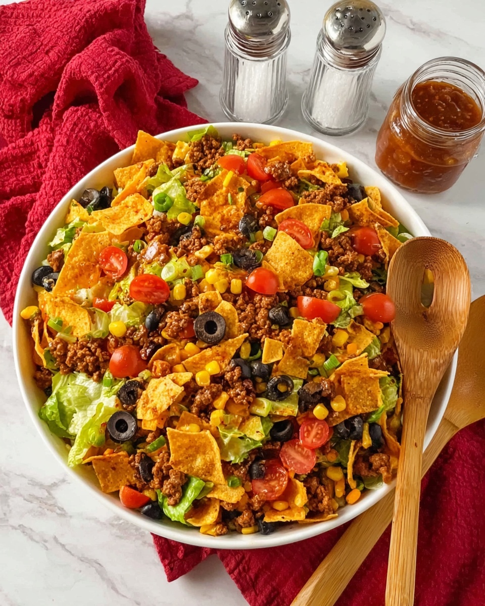 In a large white bowl, a colorful taco salad is layered with crispy, orange tortilla chips scattered over the top mixed with green lettuce leaves. There are chunks of cooked ground beef adding a rich brown color, black beans, and yellow corn kernels spread evenly throughout. Bright red grape tomatoes and black olive slices add pops of color, with green scallions also visible. Two wooden serving spoons rest inside the bowl, and nearby there are clear salt and pepper shakers, a glass jar of sauce, all set on a white marbled surface with a red cloth in the background. photo taken with an iphone --ar 4:5 --v 7