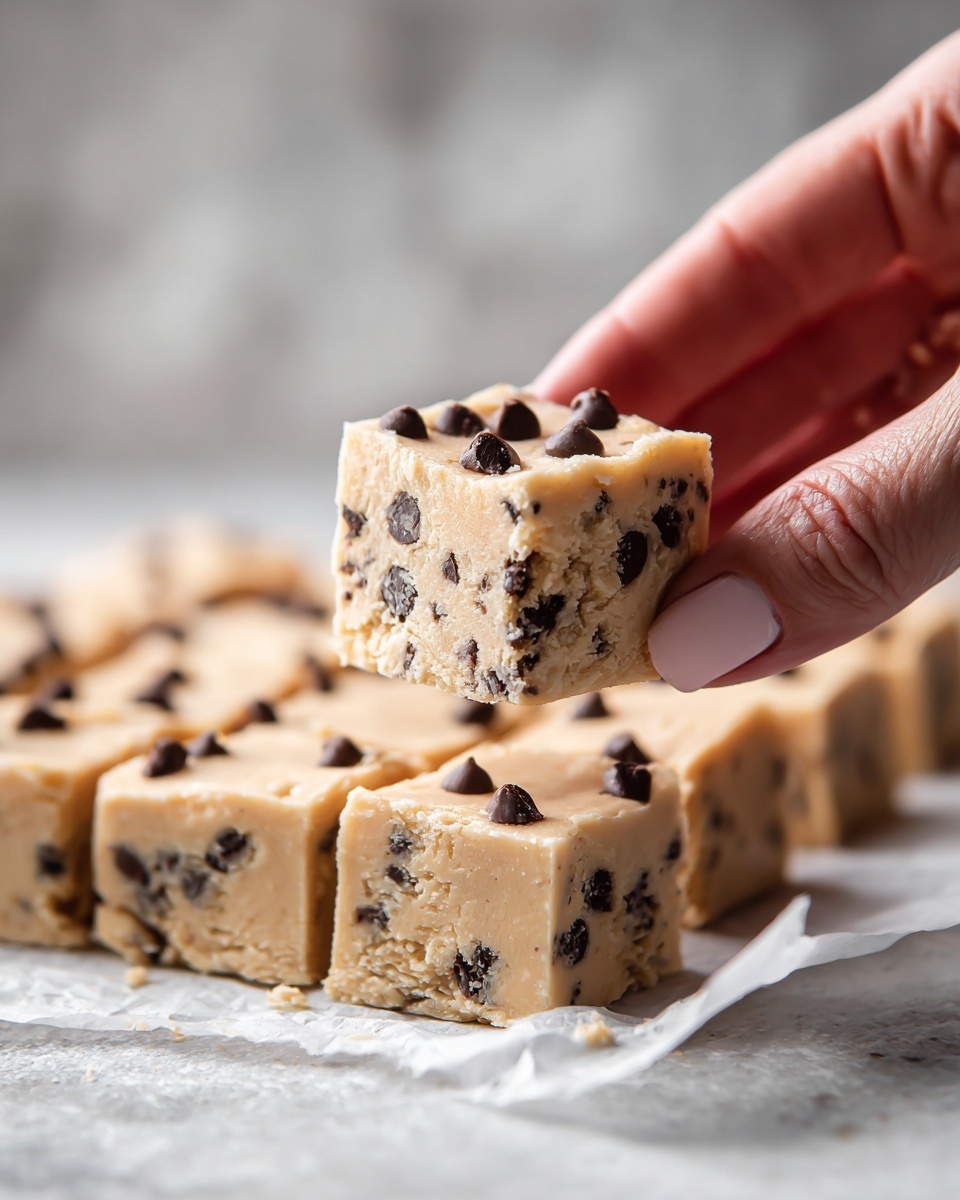 The image shows a close-up of a thick square piece of creamy beige cookie dough fudge with chocolate chips mixed inside. The fudge piece is neatly cut, with a smooth top layer showing scattered dark chocolate chips and a soft, slightly crumbly texture. The piece sits on a slightly crumpled white parchment paper, held slightly by a woman's hand, and rests on a grid of similarly cut fudge squares that fill the bottom of the frame. The background features a white marbled texture, enhancing the soft and smooth look of the fudge surface. photo taken with an iphone --ar 4:5 --v 7