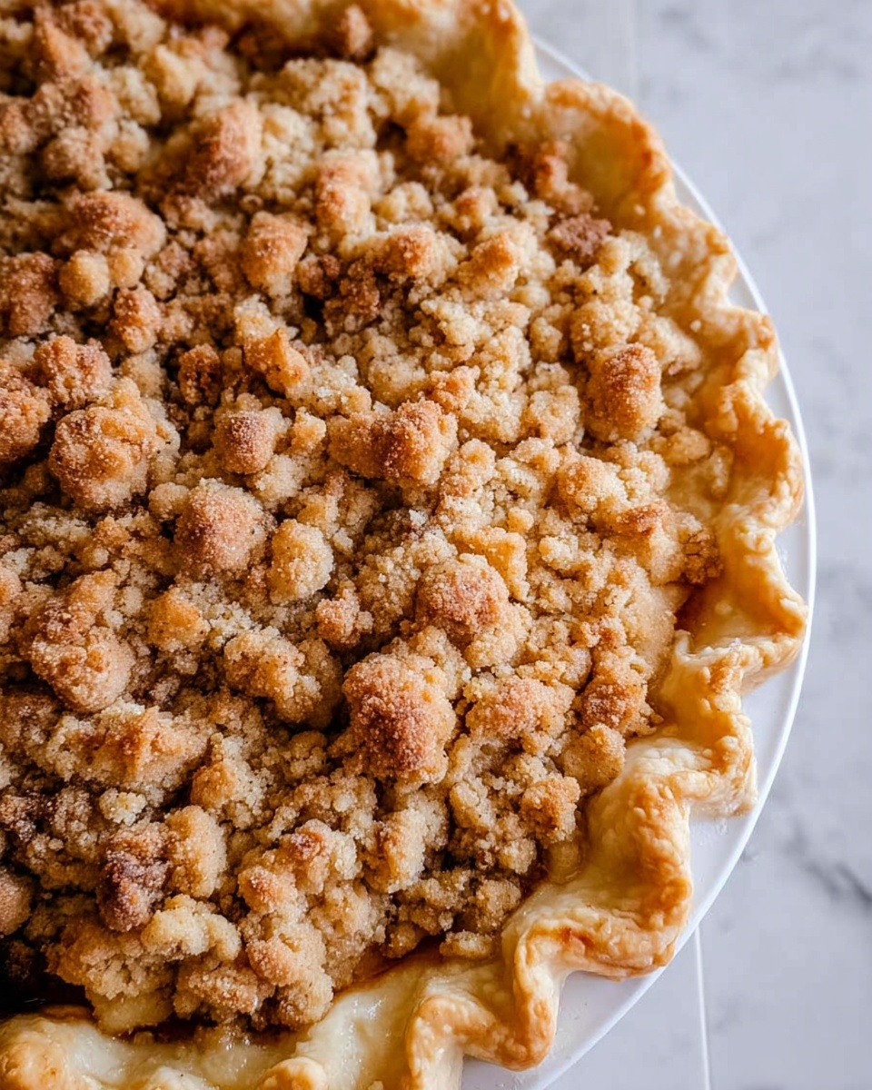 A slice of apple pie is shown on a white plate, featuring a golden brown crust with a crumbled topping layer of small, light brown streusel pieces. Inside, the pie is filled with soft, caramel-colored cooked apple slices covered in a shiny sauce. A large scoop of creamy vanilla ice cream sits atop the pie with a smooth texture and slight melting edges. The background includes blurred green apples and cinnamon sticks resting on a white marbled surface. Photo taken with an iphone --ar 4:5 --v 7