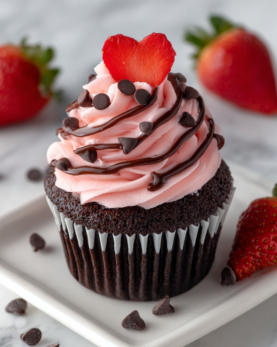 A chocolate cupcake with a rich dark brown base wrapped in a black liner, topped with a smooth swirl of light pink frosting forming about three thick layers. Thin ribbons of dark chocolate drizzle spiral over the frosting, sprinkled with small dark chocolate chips, and a fresh red strawberry slice cut into a heart shape stands upright at the center. The cupcake sits on a white rectangular plate on a white marbled surface, surrounded by a few scattered chocolate chips and whole strawberries. Photo taken with an iphone --ar 4:5 --v 7