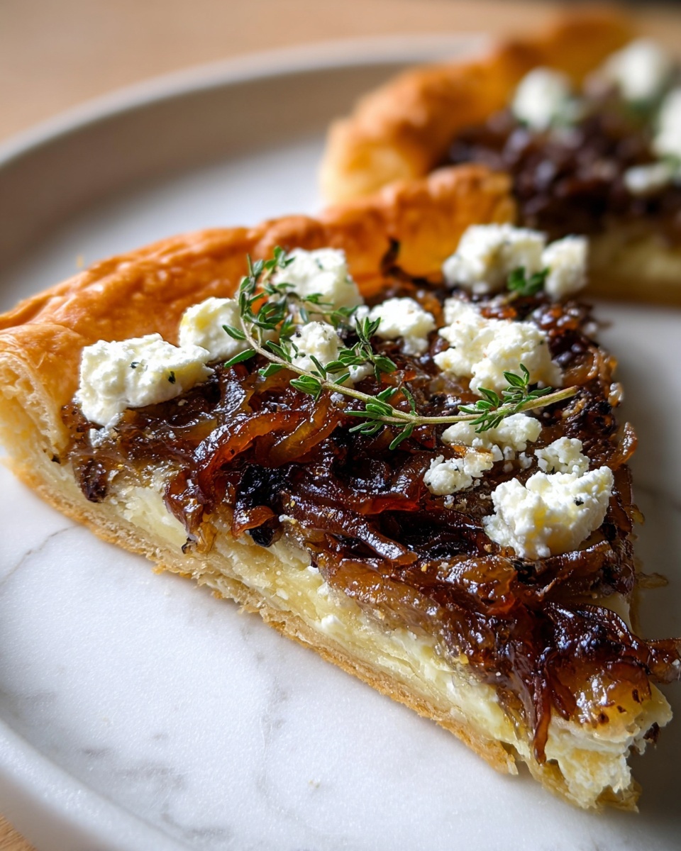 A close-up of a single slice tart placed on a white plate, showing three main layers: the bottom golden and flaky puff pastry crust, a middle layer of caramelized dark and shiny onions with a slightly crispy texture, and the top layer made of white, crumbly cheese scattered in small clumps with a few fresh green thyme sprigs resting on them. The tart slice is positioned on a white marbled surface in soft natural light, showing the textures and colors clearly. photo taken with an iphone --ar 4:5 --v 7