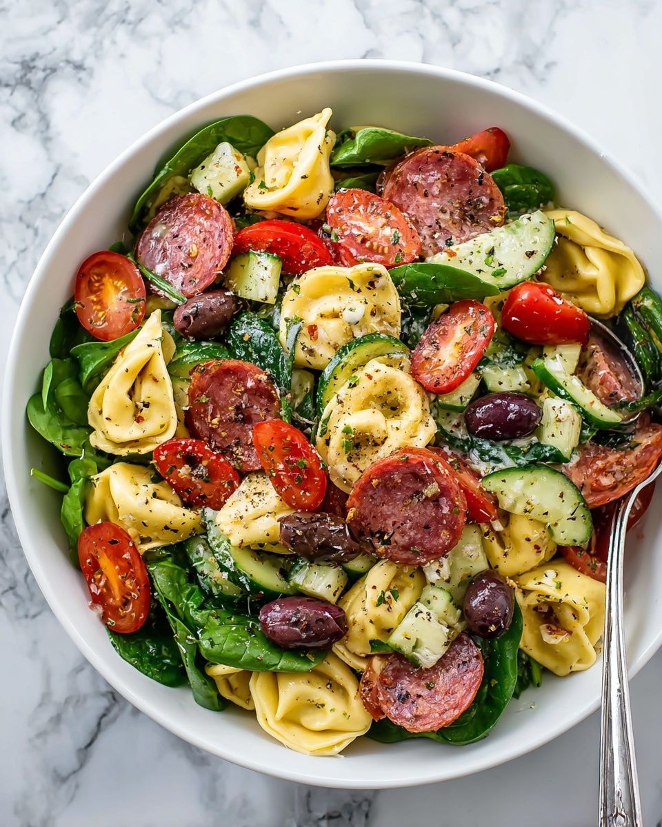 A white bowl filled with a layered pasta salad. The bottom layer has fresh green spinach leaves scattered. Above this, there are yellow tortellini pasta pieces with a soft, smooth texture. Mixed in are slices of reddish-brown salami with a slightly rough surface. Red cherry tomato halves add bright color, placed evenly across the bowl. Small, dark purple olives are spread throughout. There are also thick cucumber slices with a bright green edge and pale green center. The entire dish is sprinkled with black pepper and some herbs. The bowl sits on a white marbled surface with a metal spoon on one side. Photo taken with an iphone --ar 4:5 --v 7