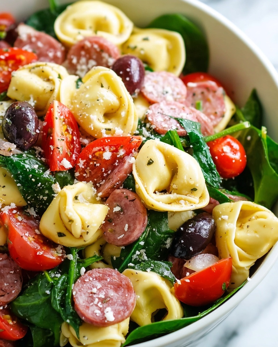 A close-up of a colorful tortellini salad in a white bowl on a white marbled background showing four main layers: at the base, dark green spinach leaves with smooth texture; on top of this, pale yellow tortellini pasta with a slightly shiny, soft surface scattered evenly; layered above are bright red cherry tomato halves and dark purple olives adding color contrast; and sprinkled throughout are thin, round slices of light pink salami with visible white fat spots. Some black pepper and white cheese flakes are lightly dusted across the top, adding texture and detail. photo taken with an iphone --ar 4:5 --v 7
