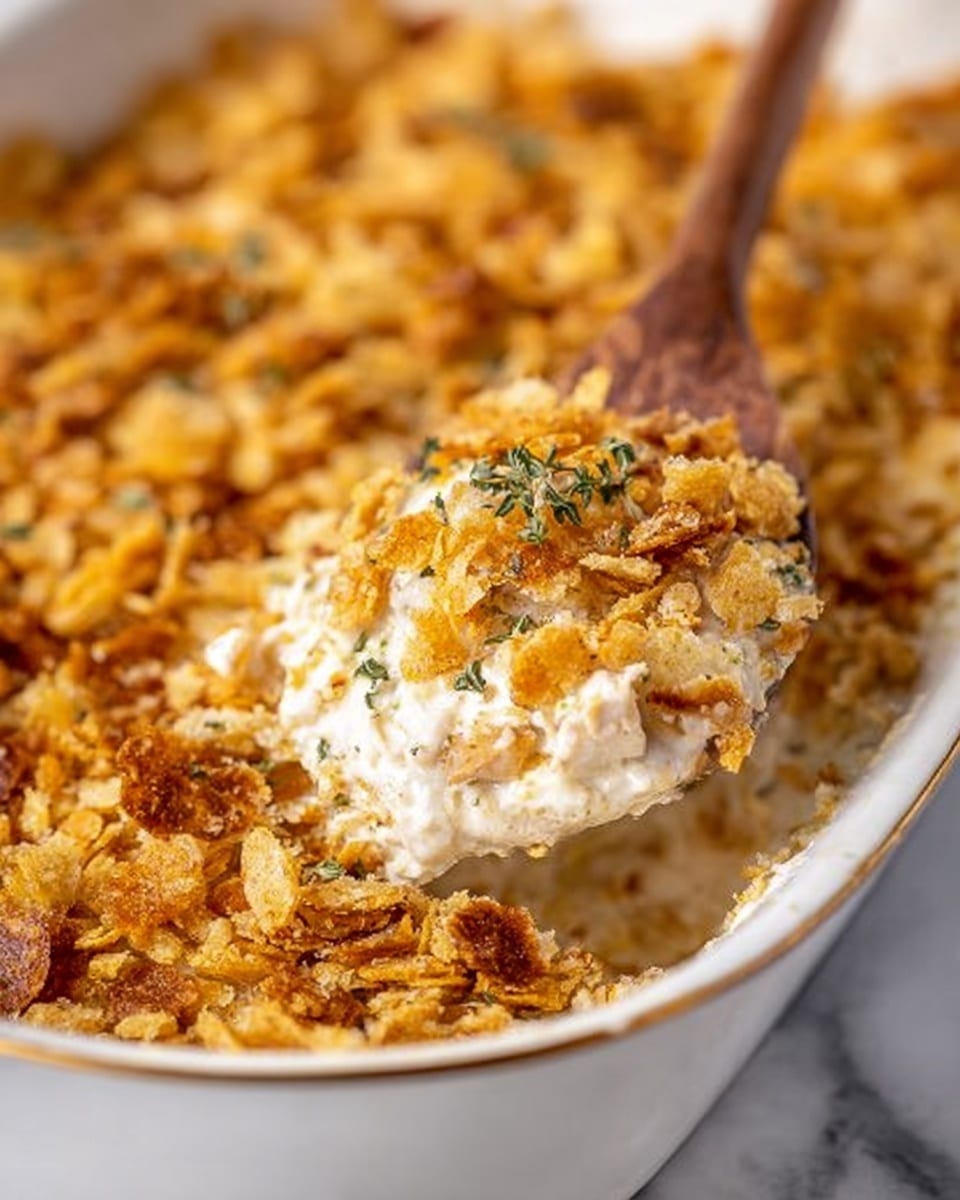 The image shows a close-up of a creamy casserole in a white dish with a wooden spoon scooping a portion. The top layer is golden brown with crunchy bits of crushed crackers or bread mixed with herbs. Underneath the crispy topping, there is a thick, creamy, white sauce with visible pieces of chicken or vegetables. The surface beneath the dish is a white marbled texture, and the wooden spoon's handle extends out of the dish. Photo taken with an iphone --ar 4:5 --v 7