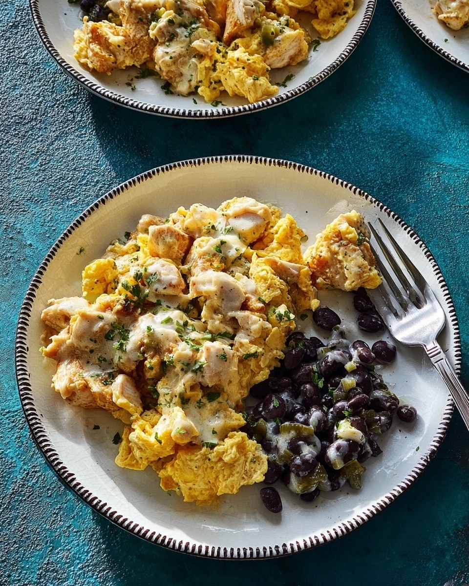 The image shows two white plates with dark dotted rims, each filled with a meal on a blue textured surface. In the foreground, the plate has two main parts: a large portion of golden yellow scrambled eggs mixed with light brown pieces of cooked chicken, covered with a creamy white sauce and sprinkled with small green herbs, and a side of shiny black beans with a few green herb pieces. A silver fork is placed on the right side of the plate, resting partly on the beans. The second plate, visible in the upper part of the image, holds a similar mix of scrambled eggs and chicken with creamy white sauce and green herbs, without beans. Photo taken with an iphone --ar 4:5 --v 7