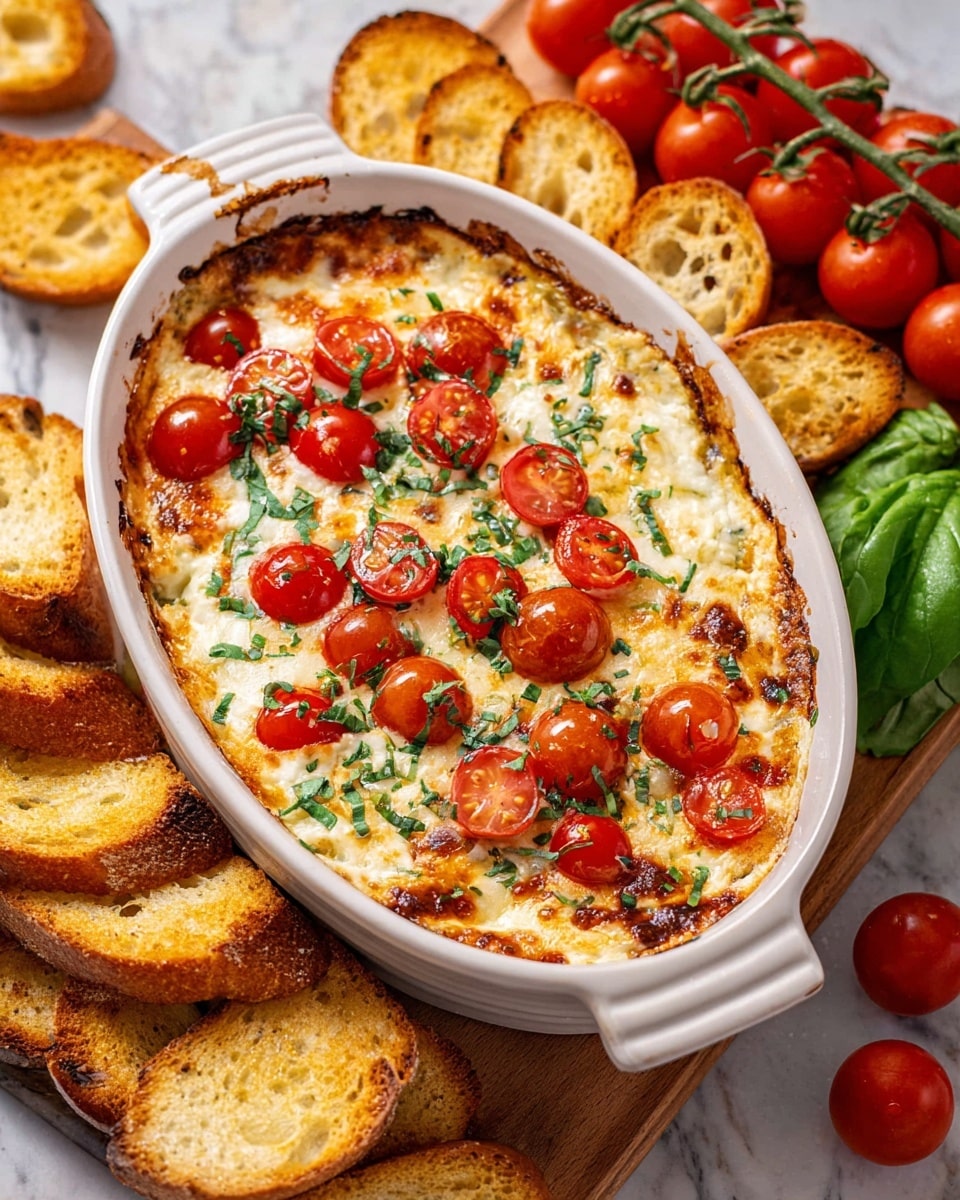A white oval dish filled with a baked dip that has a creamy melted cheese base with golden brown edges, topped with halved bright red cherry tomatoes and finely chopped fresh green herbs scattered evenly across the surface. The dish sits on a white marbled texture, surrounded by toasted golden-brown bread slices arranged on a wooden board to the upper right, with a bunch of whole cherry tomatoes on the vine to the left and fresh green basil leaves nearby. The baked dip shows a slightly bubbly and rich texture, inviting and warm. Photo taken with an iphone --ar 4:5 --v 7