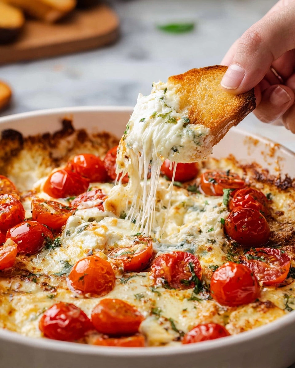 A white round dish filled with a baked dip that has three main layers: a melted creamy cheese layer with bits of green herbs mixed inside, bright red halved cherry tomatoes scattered on the top, and crispy golden brown toasted bread pieces partially submerged in the dip. A woman's hand is holding one bread piece dipped in the cheese, stretching melted cheese strands from the dish to the bread. The dish is placed on a white marbled surface with a blurred background. photo taken with an iphone --ar 4:5 --v 7