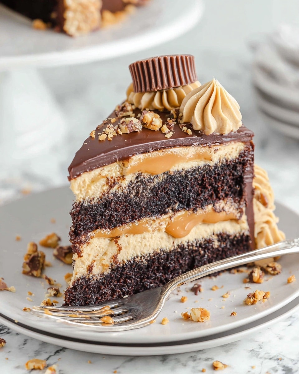 A slice of layered cake sits on a white plate with a silver fork beside it, all set on a white marbled surface. The cake has three thick dark chocolate layers separated by two creamy, light tan peanut butter filling layers with bits of crunchy pieces inside. The top is covered with a smooth, glossy dark chocolate ganache layer, decorated with a swirl of light tan frosting and half of a peanut butter cup placed upright. Small crumbs and crushed pieces of peanut butter cup are sprinkled over the top and around the plate. Photo taken with an iphone --ar 4:5 --v 7