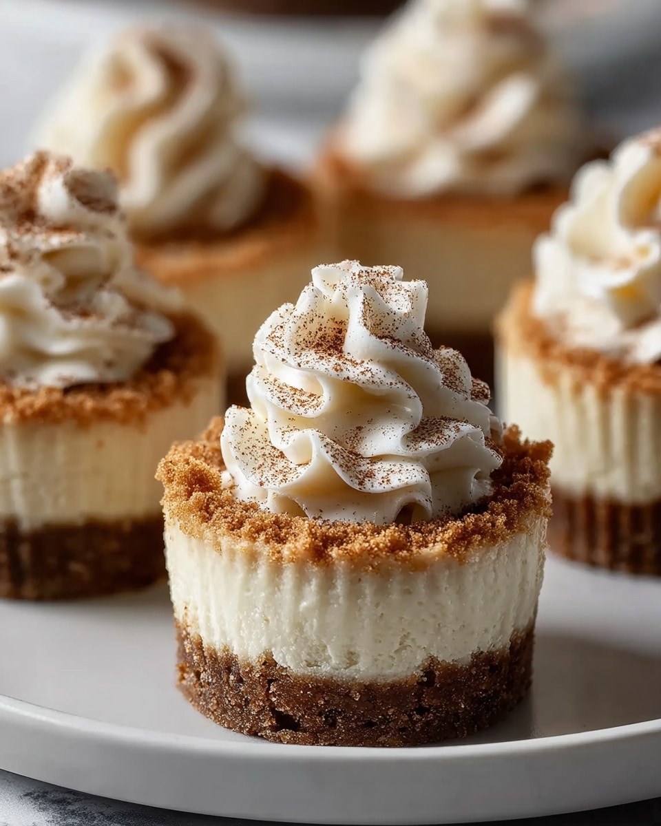 The image shows four small cheesecakes on a white plate set on a white marbled surface. Each cheesecake has three layers: a firm, crumbly dark brown base, a thick and smooth creamy white middle layer, and a topping of light brown crumbs sprinkled just above the creamy layer. On top of each cheesecake is a generous swirl of white whipped cream with a soft texture, dusted lightly with brown cinnamon powder. The focus is sharp on the nearest cheesecake, showing the crumbly texture and smooth creamy layers clearly, while the others blur softly in the background. photo taken with an iphone --ar 4:5 --v 7
