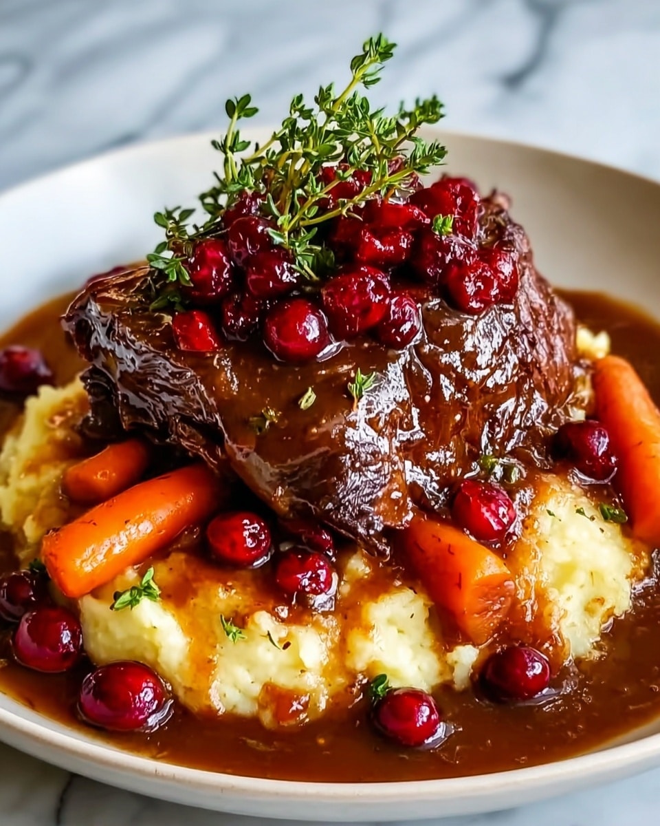 A white plate holds a three-layer dish starting with a base of creamy mashed potatoes that is topped with several cooked baby carrots, adding a bright orange color. Above the carrots and potatoes sits a large piece of dark brown, tender beef covered in a thick, glossy brown gravy. On top of the beef, there is a mound of shiny red cranberries and a sprig of fresh green thyme, adding a touch of freshness and color contrast. Around the edges, more cranberries are scattered in the gravy, creating a rich and inviting look. The plate sits on a white marbled surface. photo taken with an iphone --ar 4:5 --v 7