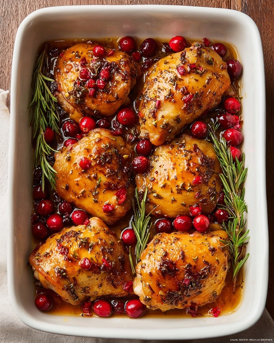 A white rectangular baking dish filled with five golden-brown chicken thighs, each coated with a shiny glaze and small bits of herbs and spices. Bright red cranberries are scattered around and between the chicken pieces. Sprigs of fresh green rosemary lie on top, adding contrast to the warm colors. The dish rests on a white marbled surface with a wooden texture faintly visible around the edges. photo taken with an iphone --ar 4:5 --v 7
