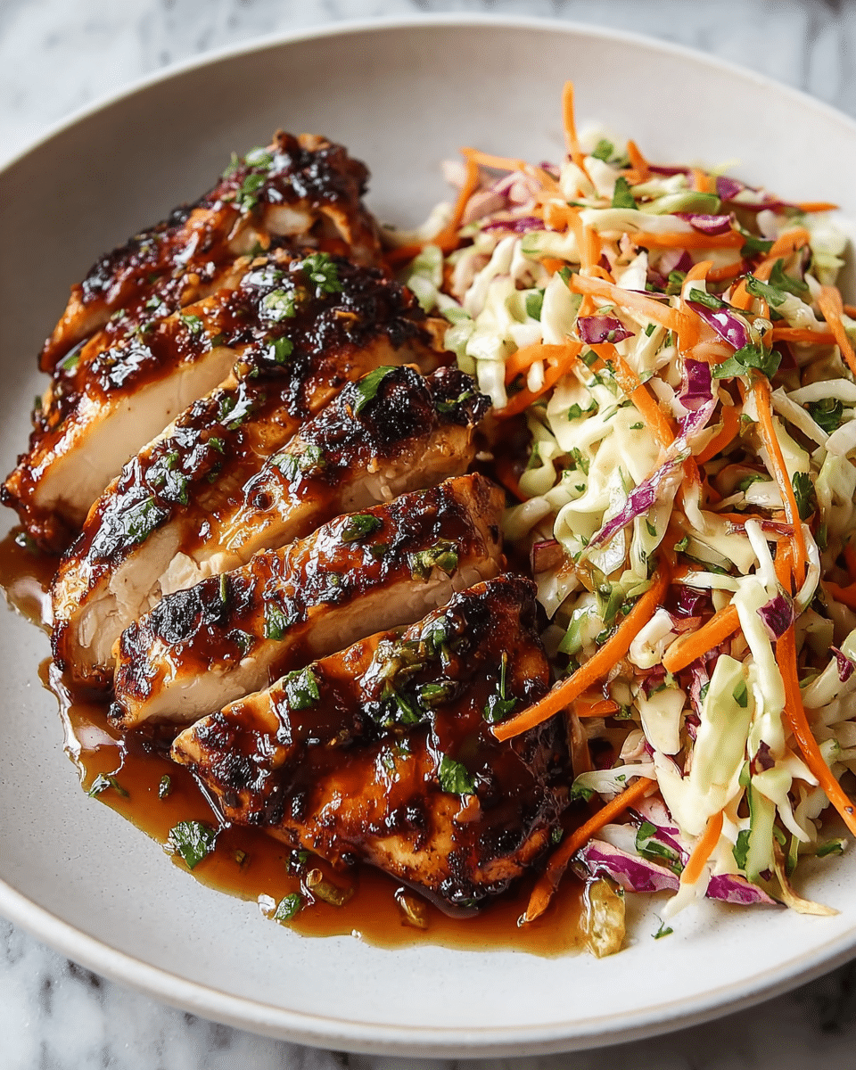 The dish shows a white plate with sliced grilled chicken breast on the left side, with four thick pieces layered slightly overlapping. The chicken has a dark brown glaze with shiny, sticky sauce and some green herbs sprinkled on top. On the right side of the plate, there is a colorful coleslaw salad made of julienned orange carrots, light green cabbage, and purple cabbage mixed with some green herbs. The sauce from the chicken has pooled around the chicken at the base. The background is a white marbled texture. photo taken with an iphone --ar 4:5 --v 7