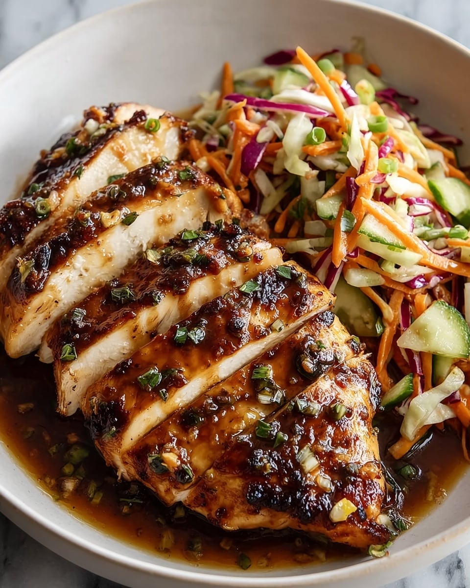 The dish shows five thick slices of grilled chicken breast with a golden-brown char on top, covered in a shiny, dark brown glaze with visible herbs sprinkled over it. The chicken sits to the left side of a white bowl, while the right side holds a colorful mix of shredded vegetables including orange carrots, green cucumber, purple cabbage, and white onions, all topped with small green herb pieces. The sauce lightly pools at the bottom, adding a glossy, appetizing look. The background is a white marbled texture. photo taken with an iphone --ar 4:5 --v 7