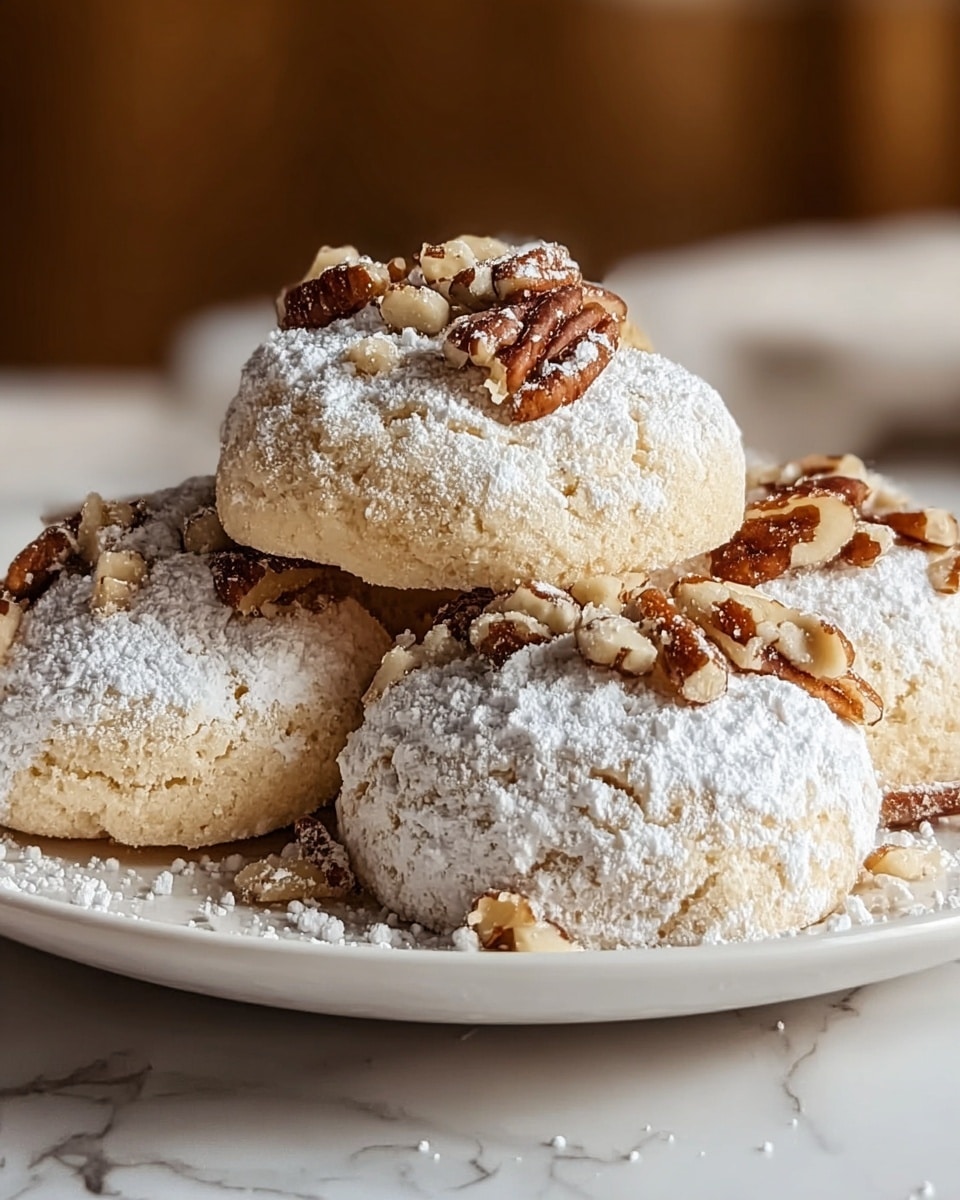 The image shows a small white plate holding four soft, round cookies. Each cookie has a light golden color and is covered with a thick layer of white powdered sugar. On top of each cookie, there are pieces of chopped pecans, adding a brown and textured detail. The cookies are slightly puffy and have a soft, crumbly look. The plate is placed on a white marbled surface and the background is blurred but warm toned. Photo taken with an iphone --ar 4:5 --v 7