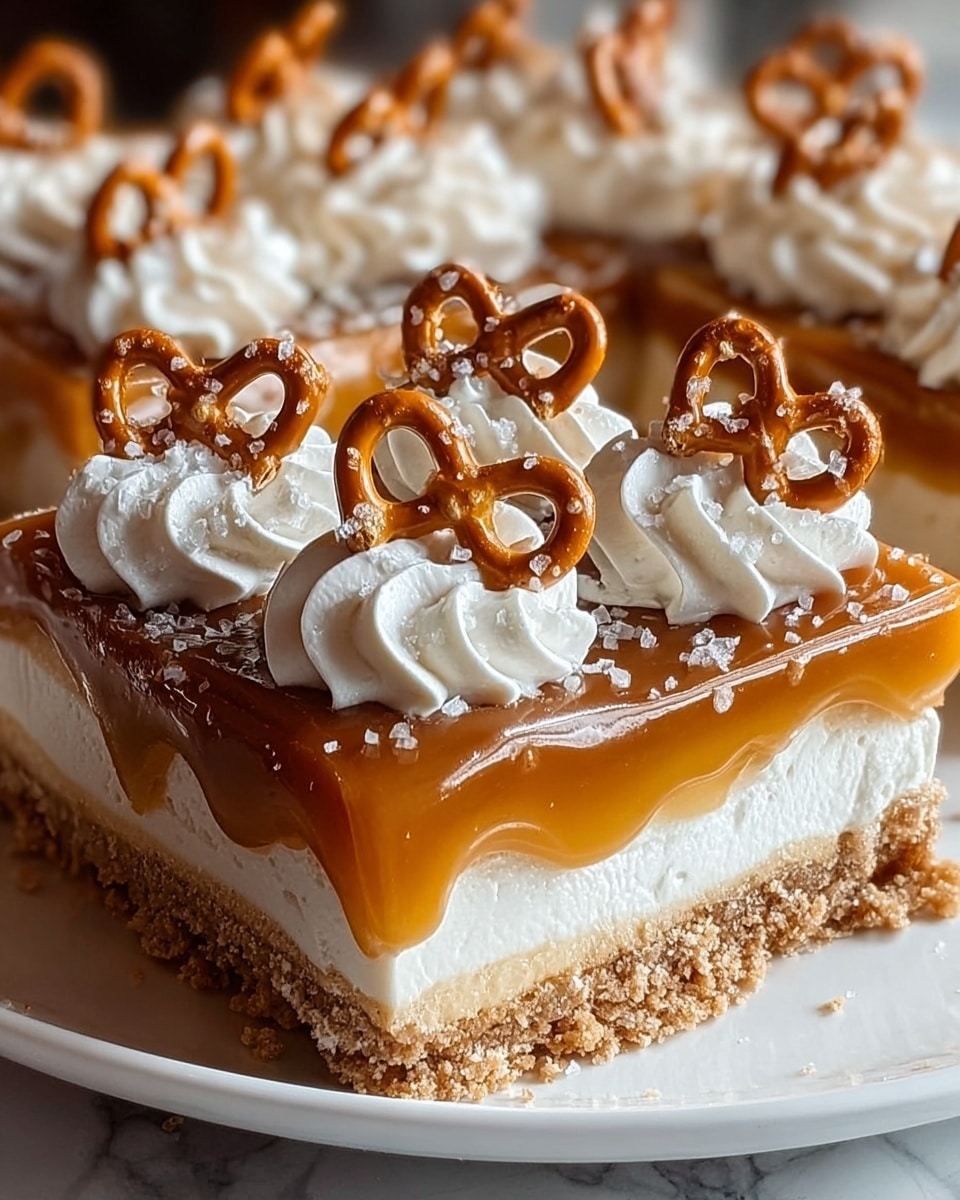 The image shows a square dessert with three visible layers on a white plate placed on a white marbled surface. The bottom layer is a crumbly light brown base, likely made of crushed biscuits. On top of this is a thick white creamy layer, smooth and soft in texture. Above this, a glossy, rich caramel layer covers the cream, dripping slightly over the edge. The dessert is decorated on top with several dollops of fluffy white whipped cream arranged in a row along the edge. Each whipped cream dollop holds a small pretzel on top, sprinkled with coarse white salt. The colors are warm and inviting, with the caramel shiny and the cream and pretzels contrasting nicely. photo taken with an iphone --ar 4:5 --v 7