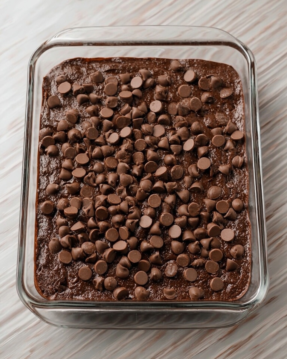 A single-layer chocolate brownie batter spread evenly in a clear glass baking dish, its dark, thick, and slightly textured surface generously topped with a large amount of smooth milk chocolate chips scattered all over. The dish is placed on a white marbled surface. photo taken with an iphone --ar 4:5 --v 7