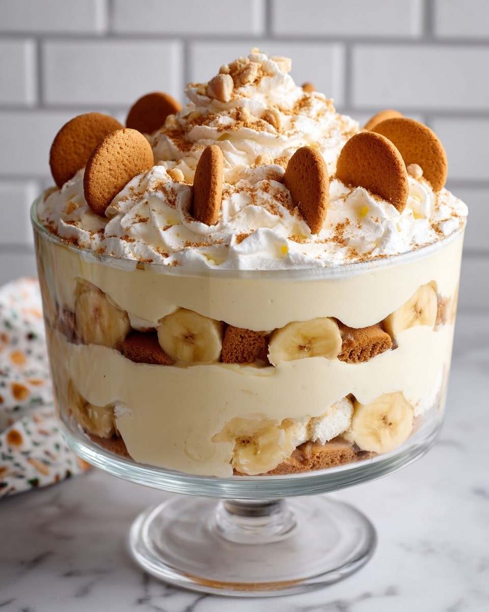 A clear round glass bowl holds a layered dessert with three visible layers. The bottom layer is a creamy white custard or cream, topped by a layer of light brown cookies slightly soaked and arranged horizontally. Above this is another thick layer of the creamy white filling, followed by another layer of cookies. The top layer is a thick, fluffy cream decorated with cut banana slices and whole light brown cookies dotting the surface. The dessert sits on a white marbled textured surface with a white tiled background visible behind it. Photo taken with an iphone --ar 4:5 --v 7