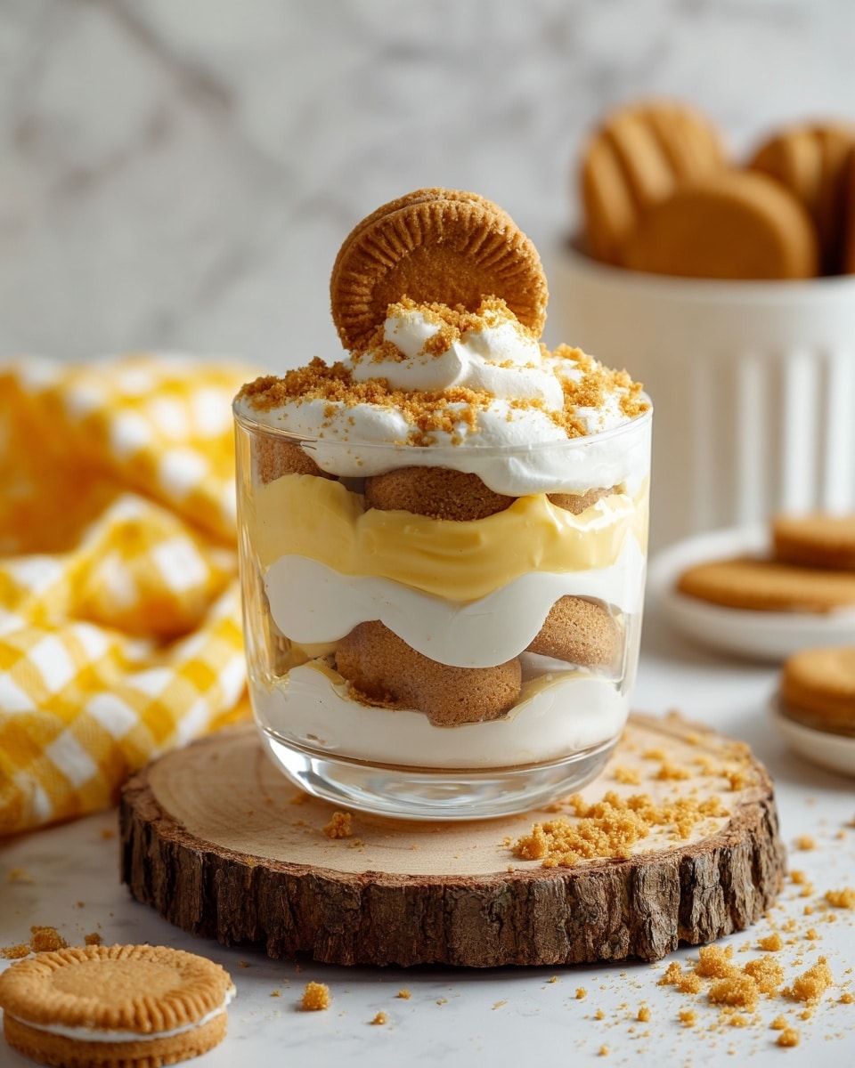 A clear glass dessert cup stands on a round wooden slice, filled with four visible layers: starting from the bottom, a thick white creamy layer, followed by a layer of small light brown cookies partially covered by a translucent pale yellow layer, then another thick white creamy layer, topped again with the pale yellow layer and a final layer of smooth white cream that slightly spills over the rim. On top, there are crushed cookie crumbs scattered with one whole light brown cookie placed upright at the center. The background has a white marbled texture, with a yellow checkered cloth and a white bowl of similar light brown cookies blurred in the distance. Photo taken with an iphone --ar 4:5 --v 7