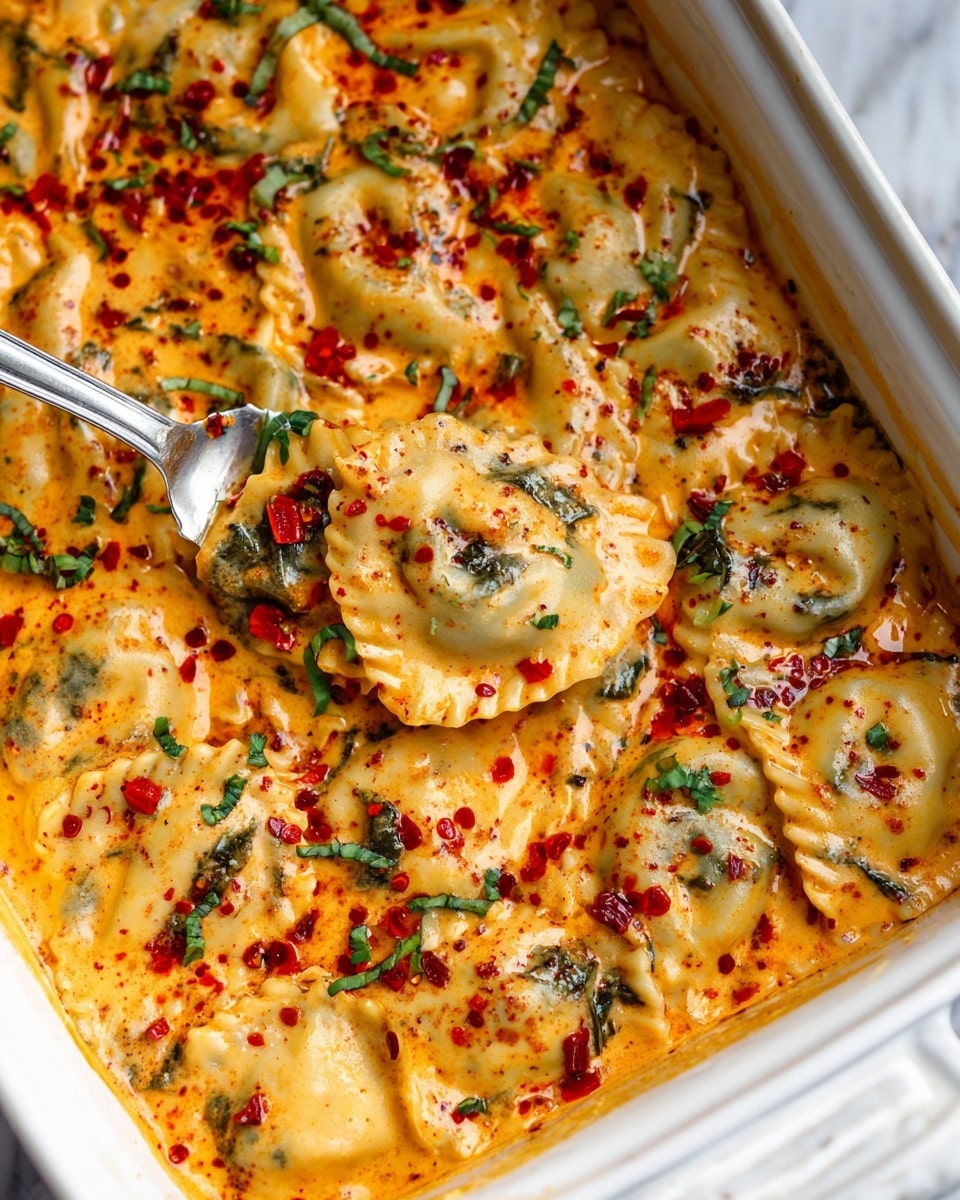 A white casserole dish filled with layers of folded ravioli pasta covered in a creamy orange sauce textured with red chili flakes and small green herbs sprinkled on top. The ravioli are folded and arranged closely in rows, some pieces lifted by a silver fork showing a filling inside. The sauce has visible chunks of green leafy vegetables and sliced red bell peppers dispersed throughout. Bright red chili oil spots float on the glossy surface, enhancing the rich, creamy texture. The dish rests on a white marbled textured surface. photo taken with an iphone --ar 4:5 --v 7
