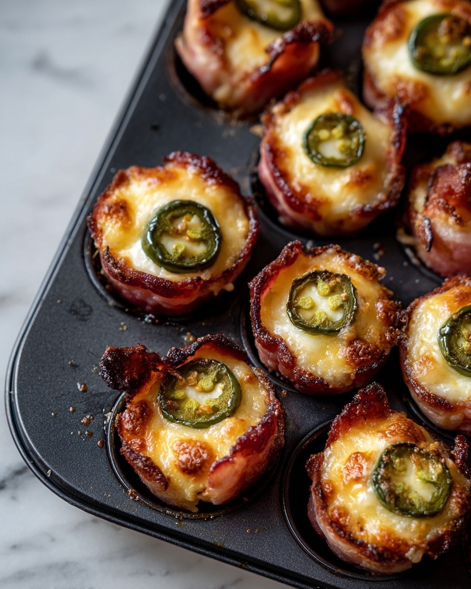 Several small round snacks are tightly packed into a black baking tray with deep cupcake-shaped indentations. Each snack has three clear layers: a bottom layer of wrapped bacon with a reddish-brown crispy outside, a middle layer of light yellow melted cheese with specks of browning, and a top layer with a dark green, slightly oily jalapeño slice sitting neatly on each snack. The bacon's shiny texture contrasts with the softer, bubbly cheese, and the jalapeños add a fresh but cooked look. The lighting shows the glossy and greasy details, all set on a white marbled surface. Photo taken with an iphone --ar 4:5 --v 7
